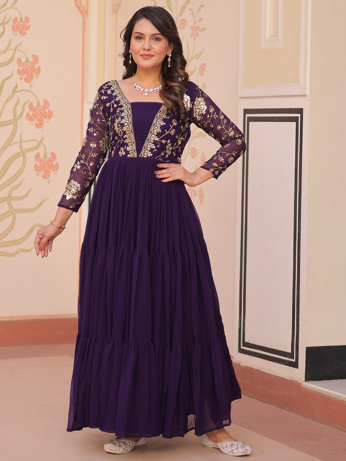 Adoring Purple Zari Embroidery Georgette Function Wear Gown - Zeel Clothing