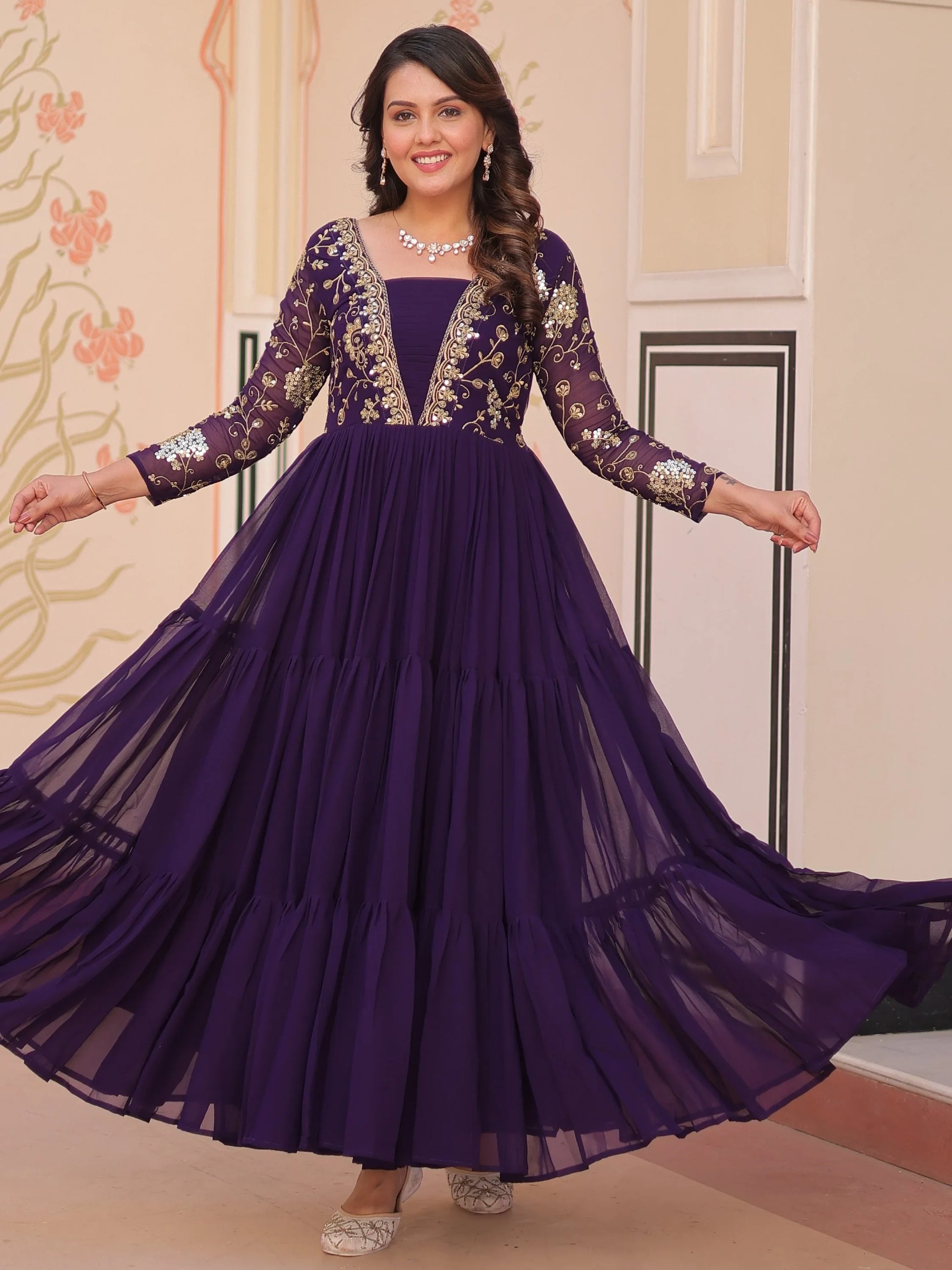 Adoring Purple Zari Embroidery Georgette Function Wear Gown - Zeel Clothing