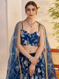 Adoring Teal Blue Floral Embroidery Net Engagement Wear Lehenga Choli