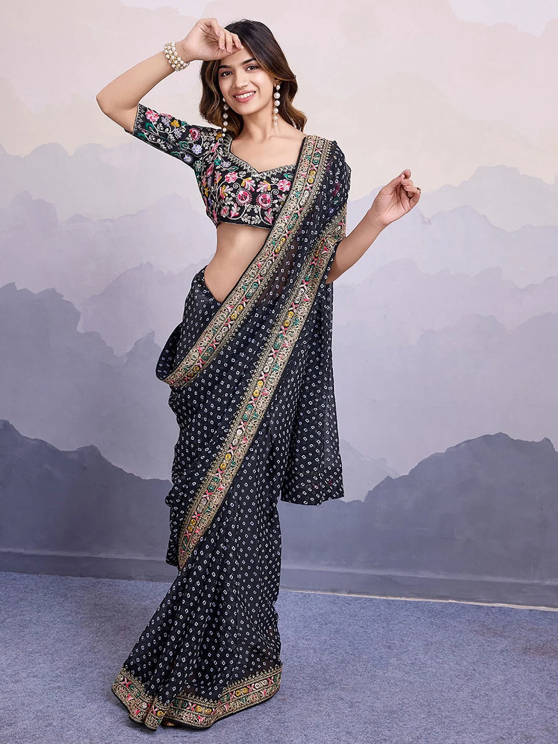 Adorning Black Embroidered Border Georgette Event Wear Saree With Blouse - Zeel Clothing