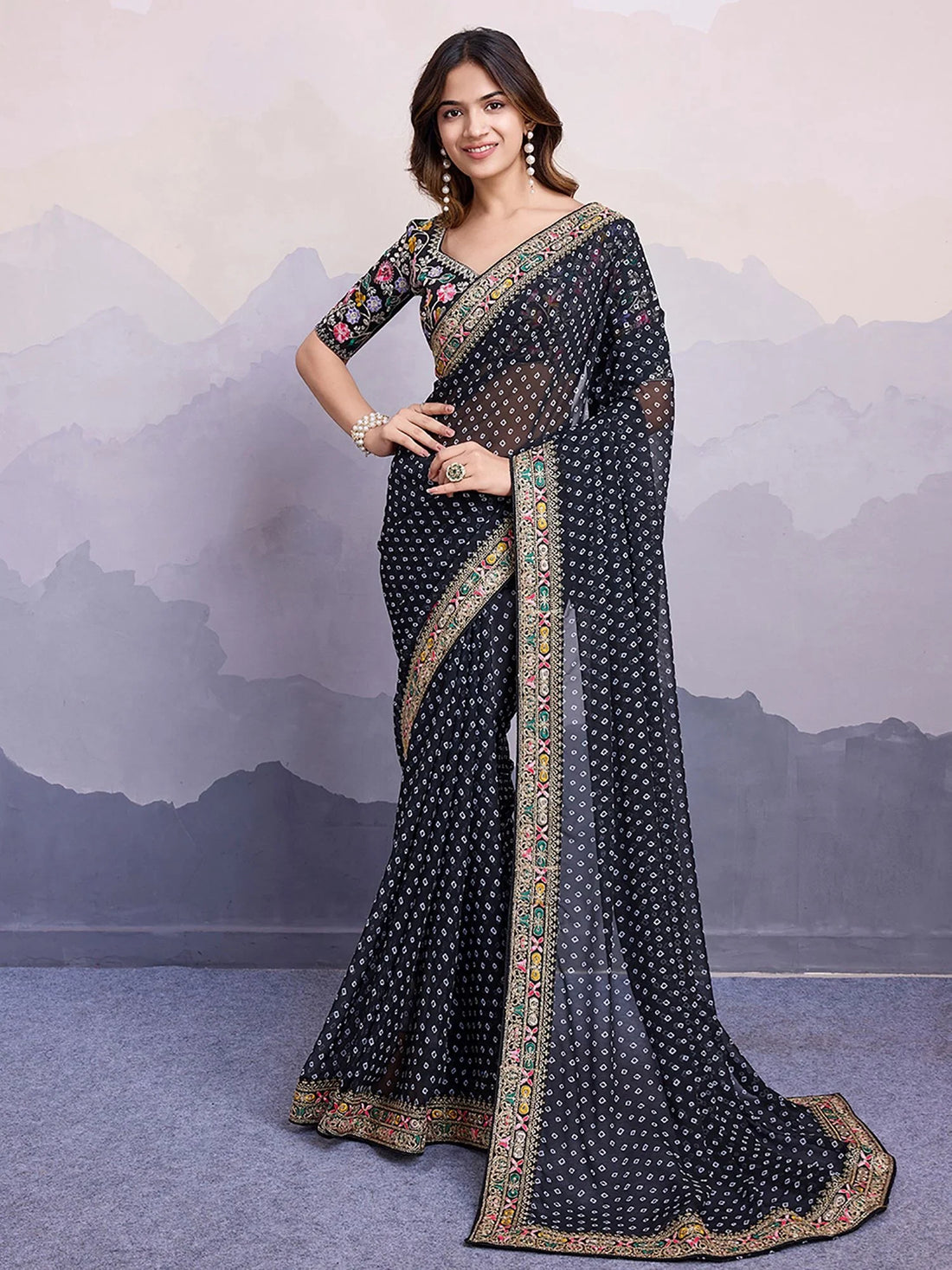 Adorning Black Embroidered Border Georgette Event Wear Saree With Blouse - Zeel Clothing