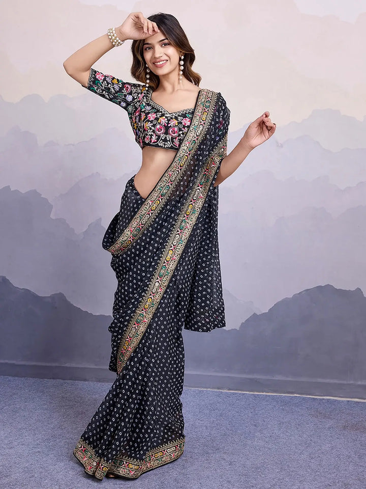 Adorning Black Embroidered Border Georgette Event Wear Saree With Blouse - Zeel Clothing