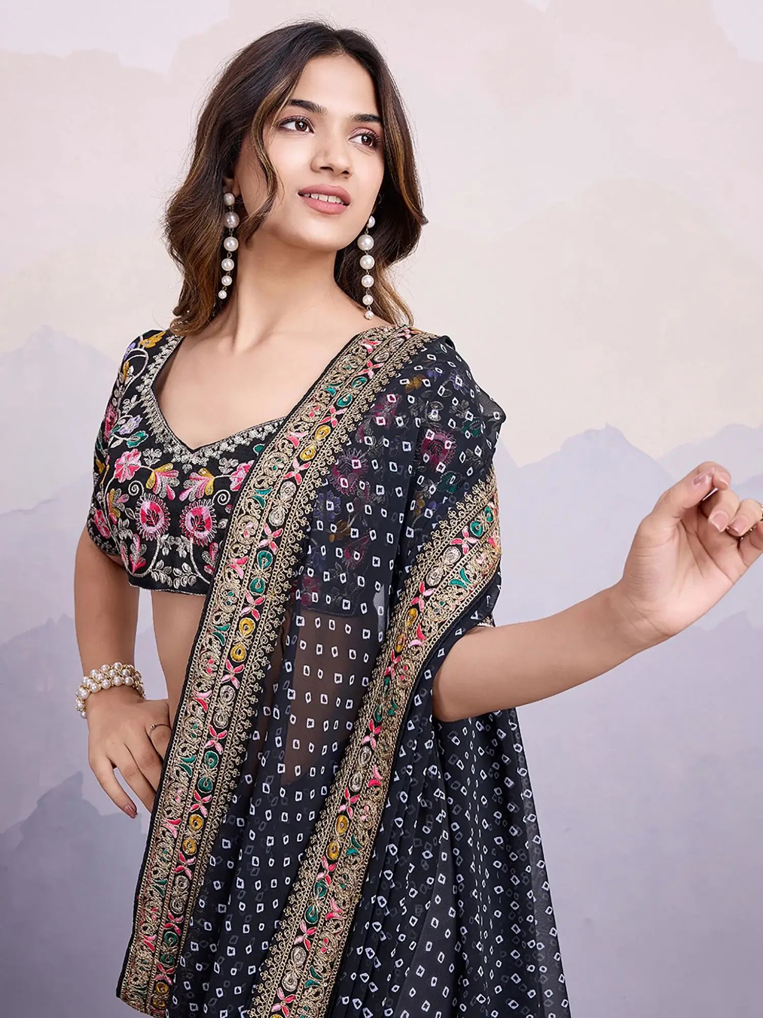 Adorning Black Embroidered Border Georgette Event Wear Saree With Blouse - Zeel Clothing