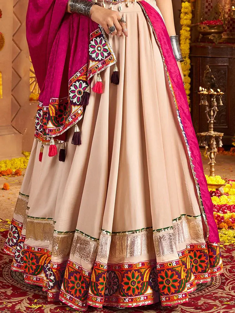 Aesthetic Beige Thread Embroidered Rayon Navratri Special Lehenga Choli - Zeel Clothing