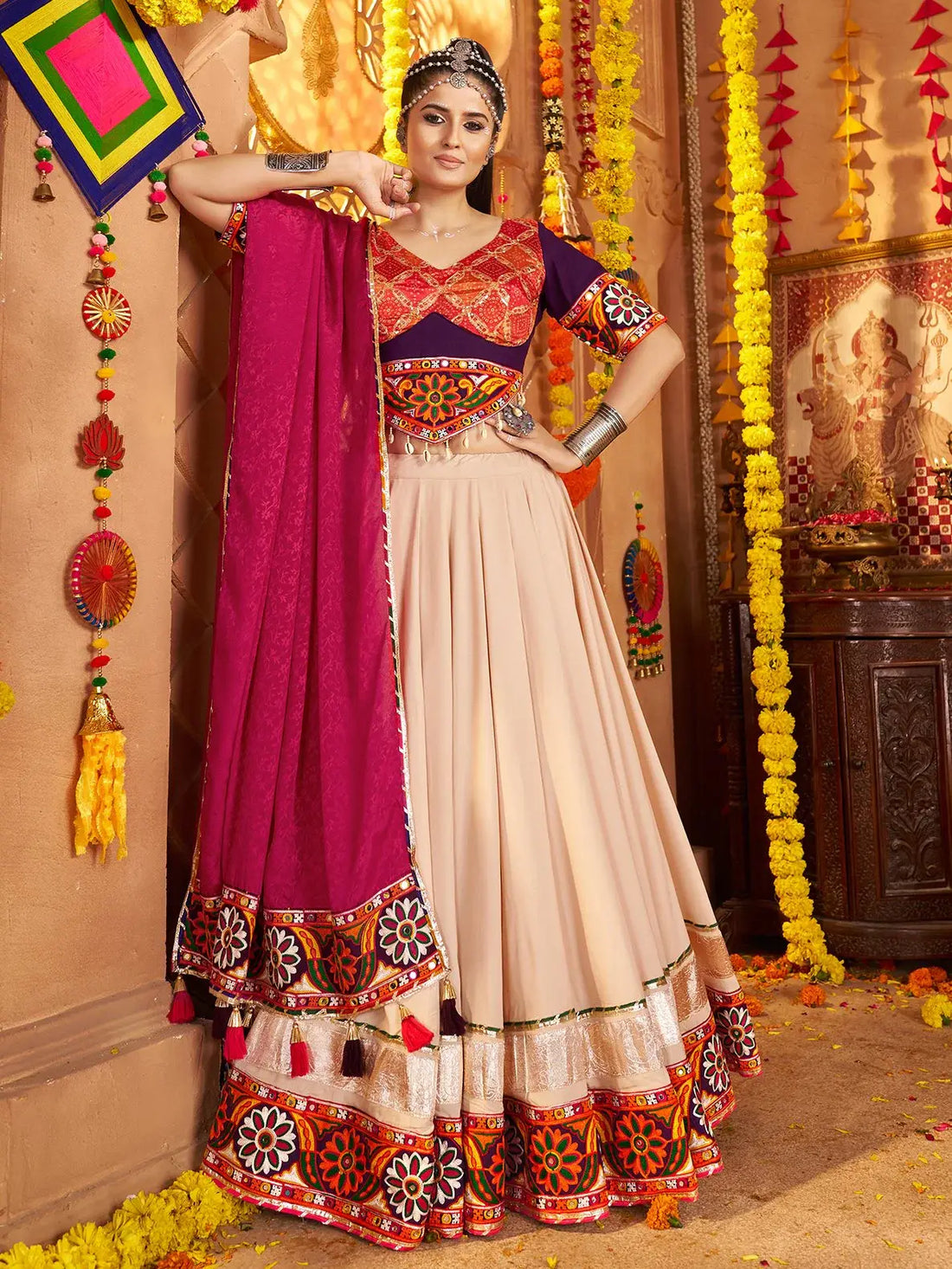 Aesthetic Beige Thread Embroidered Rayon Navratri Special Lehenga Choli - Zeel Clothing