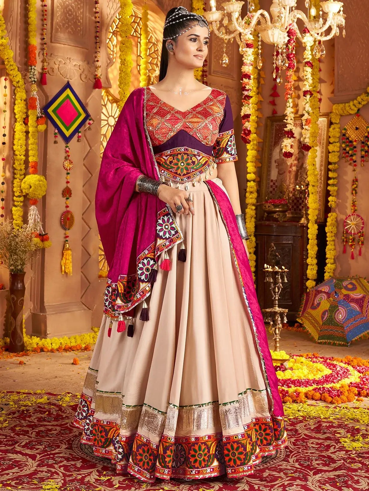 Aesthetic Beige Thread Embroidered Rayon Navratri Special Lehenga Choli - Zeel Clothing