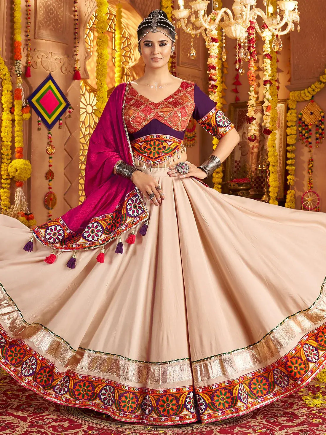 Aesthetic Beige Thread Embroidered Rayon Navratri Special Lehenga Choli - Zeel Clothing