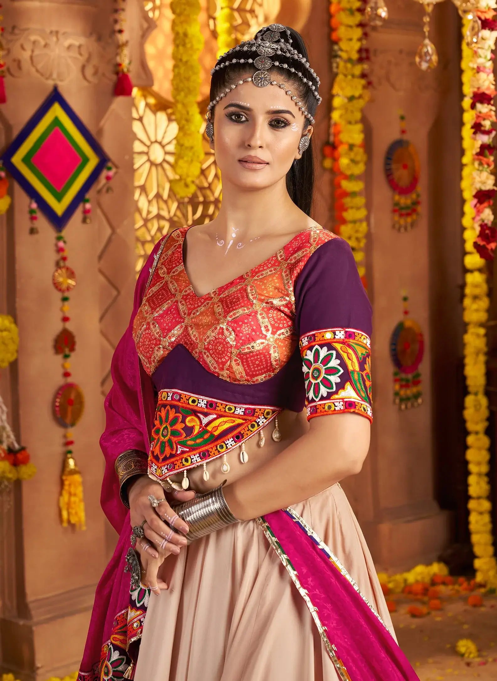 Aesthetic Beige Thread Embroidered Rayon Navratri Special Lehenga Choli - Zeel Clothing
