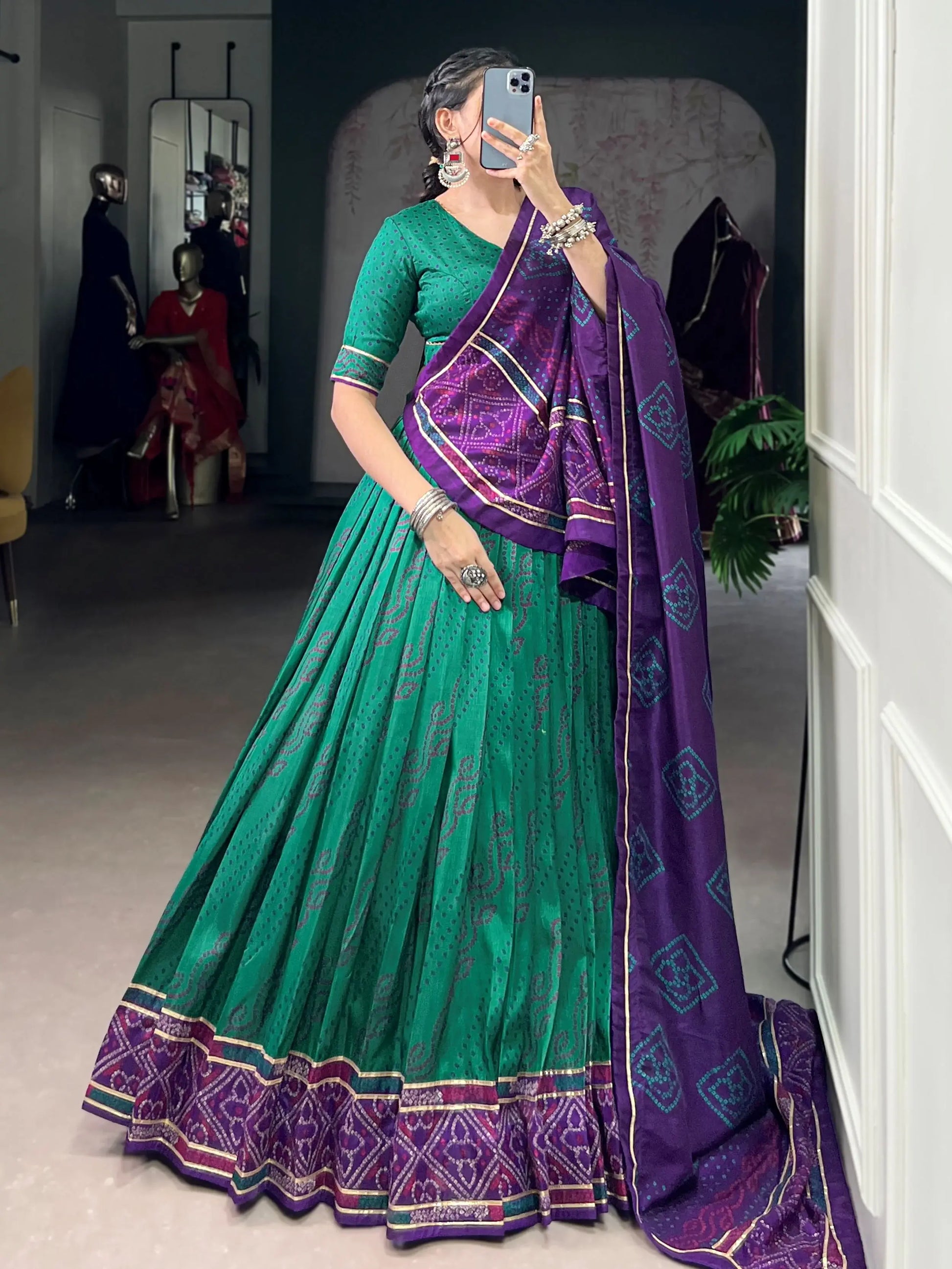 Aesthetic Green Bandhej Print Tussar Silk Navratri Special Lehenga Choli - Zeel Clothing