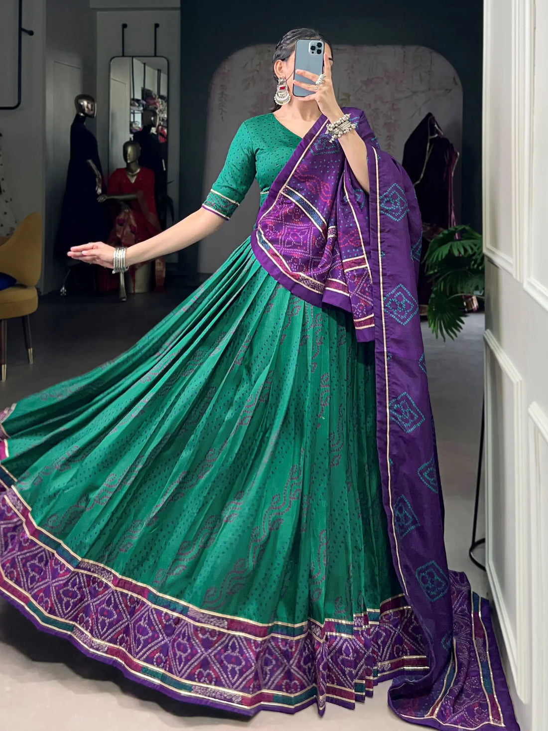 Aesthetic Green Bandhej Print Tussar Silk Navratri Special Lehenga Choli - Zeel Clothing