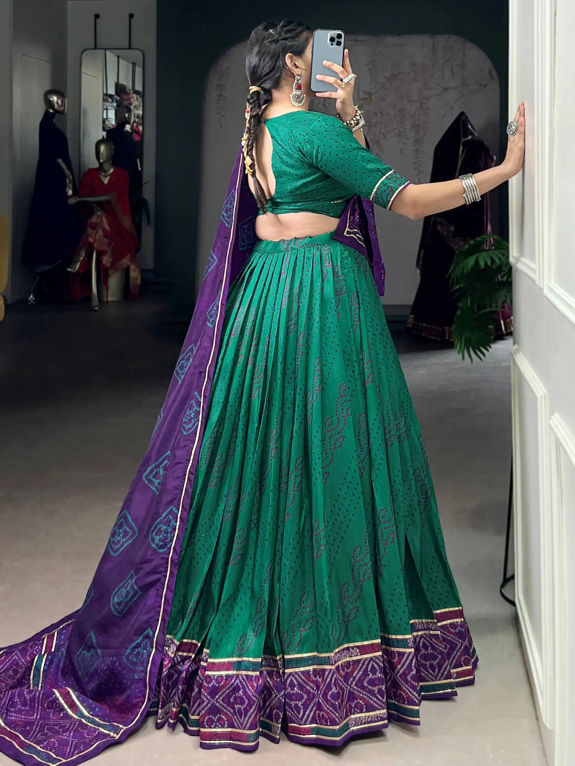 Aesthetic Green Bandhej Print Tussar Silk Navratri Special Lehenga Choli - Zeel Clothing