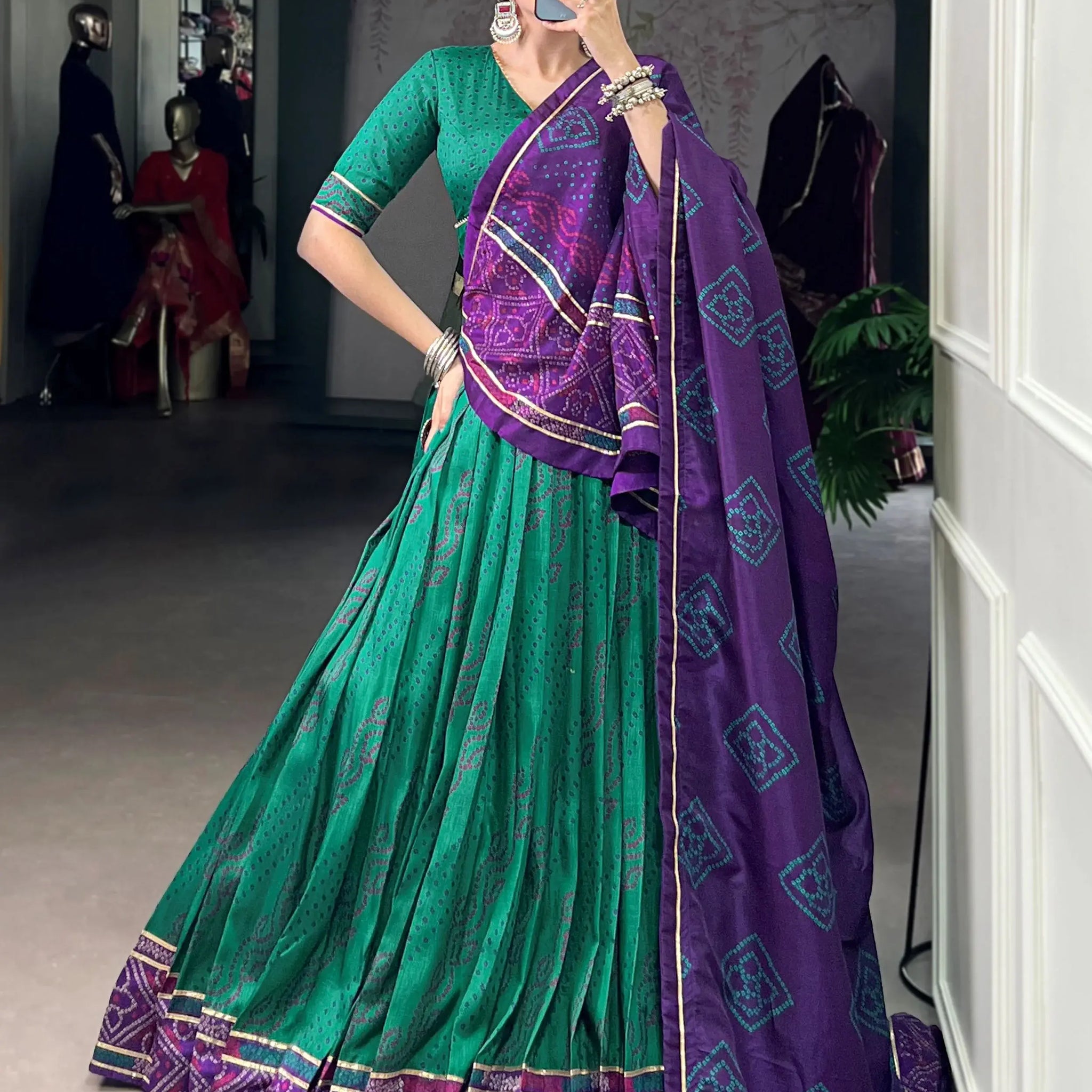 Aesthetic Green Bandhej Print Tussar Silk Navratri Special Lehenga Choli - Zeel Clothing