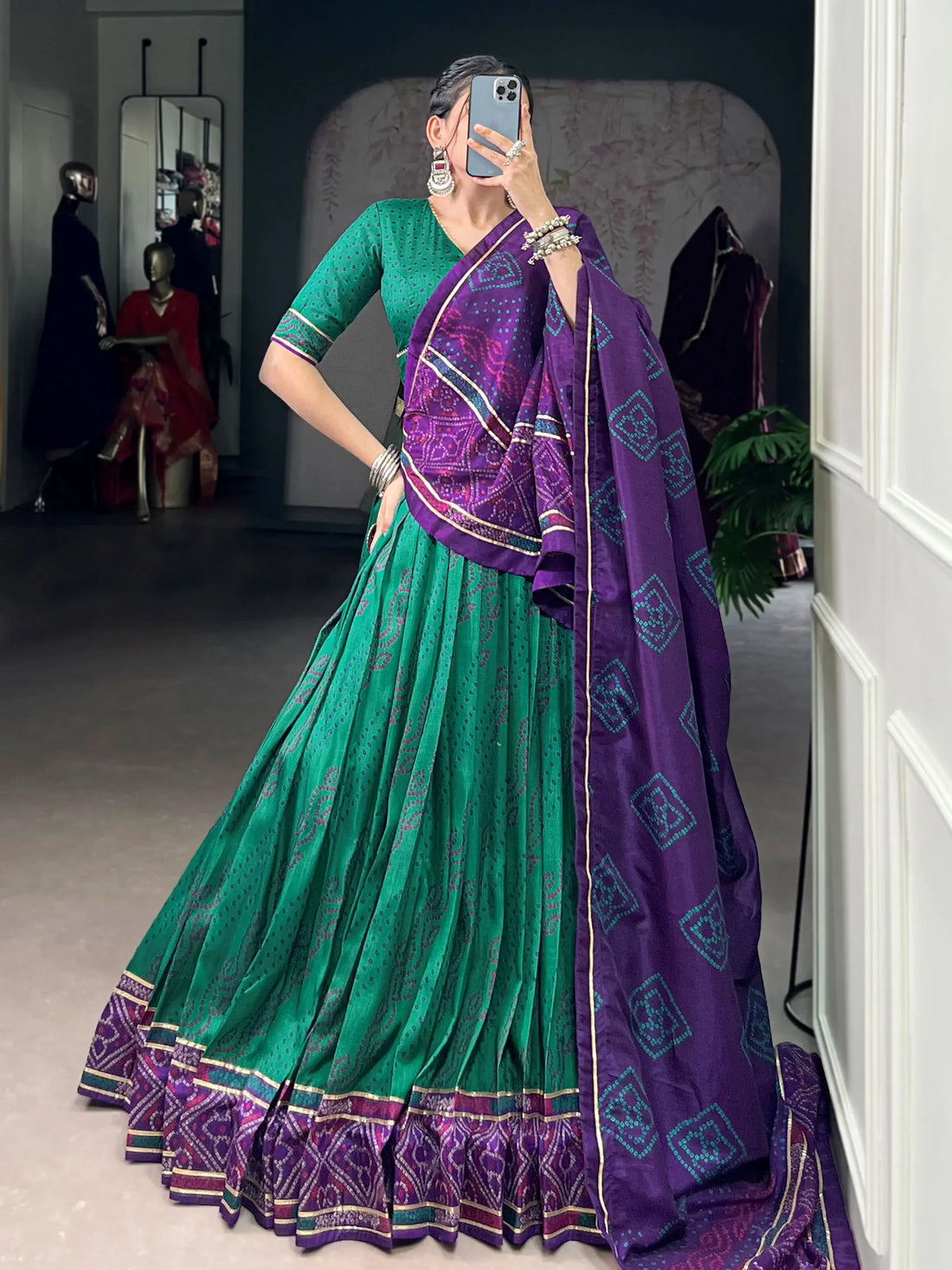 Aesthetic Green Bandhej Print Tussar Silk Navratri Special Lehenga Choli - Zeel Clothing