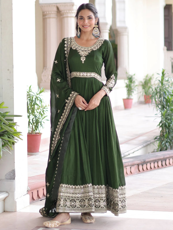 Aesthetic Green Sequins Work Silk Mehendi Wear Gown With Dupatta