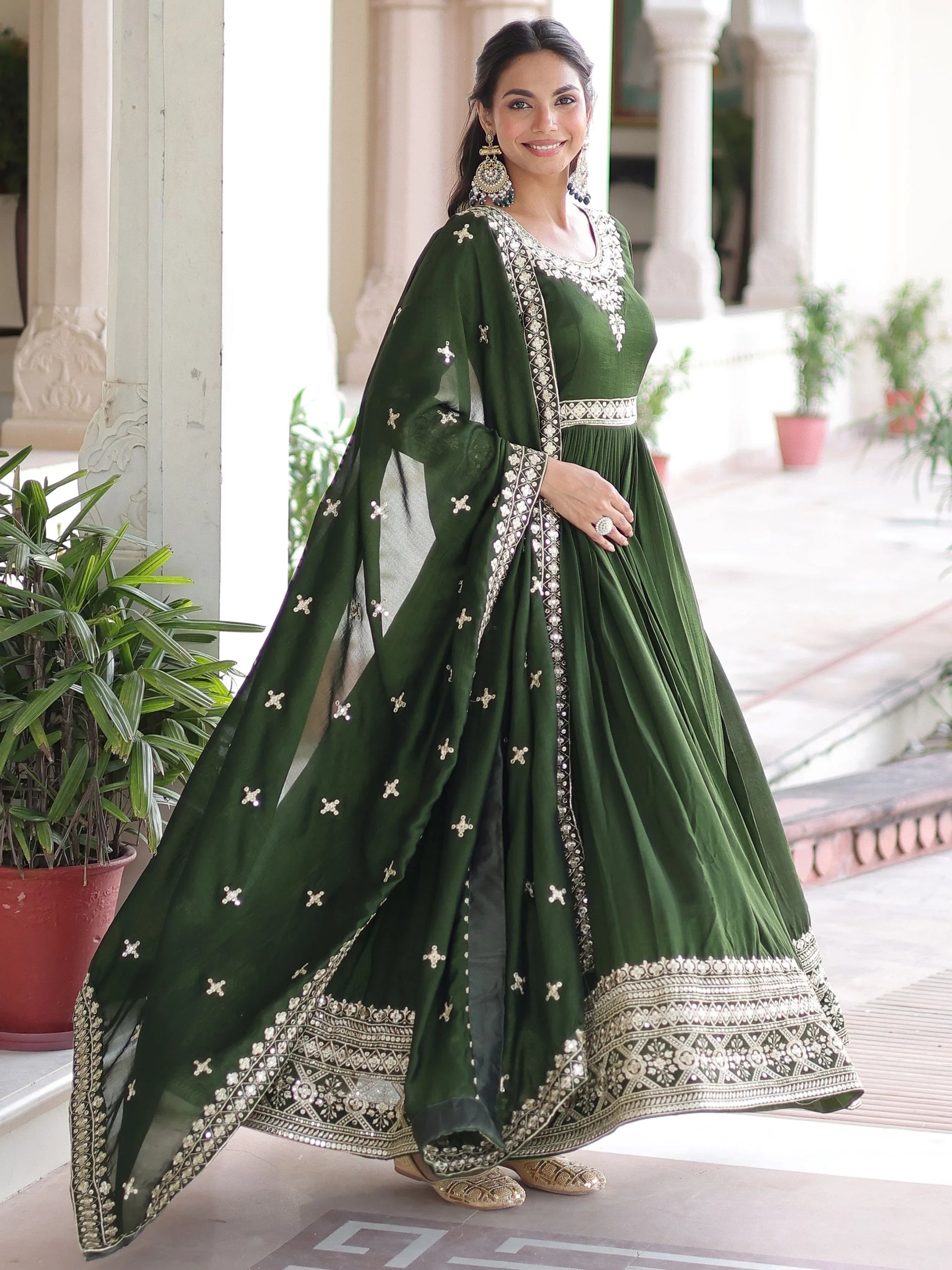 Aesthetic Green Sequins Work Silk Mehendi Wear Gown With Dupatta