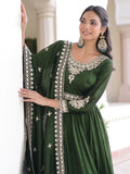 Aesthetic Green Sequins Work Silk Mehendi Wear Gown With Dupatta