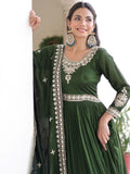 Aesthetic Green Sequins Work Silk Mehendi Wear Gown With Dupatta