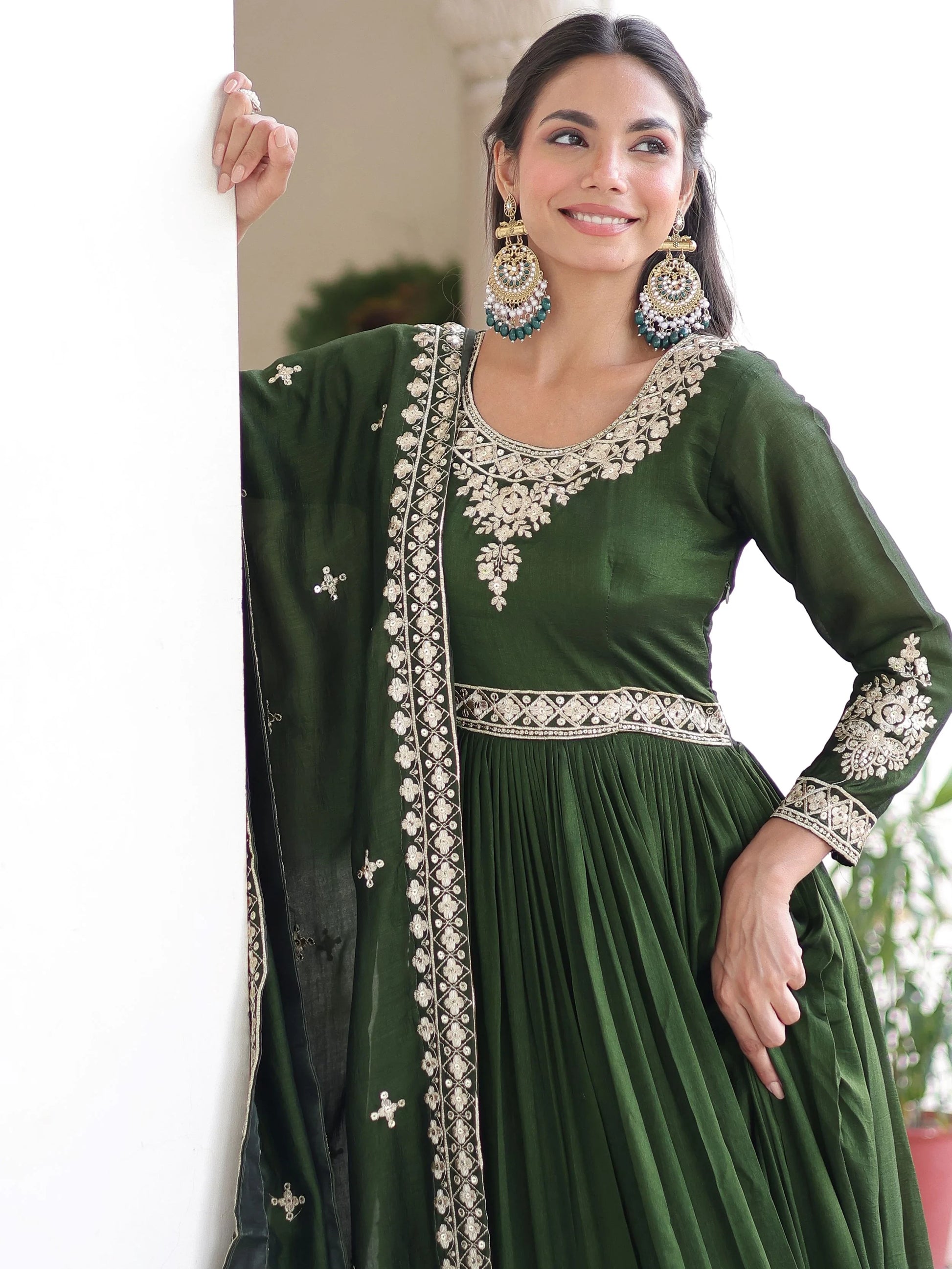 Aesthetic Green Sequins Work Silk Mehendi Wear Gown With Dupatta