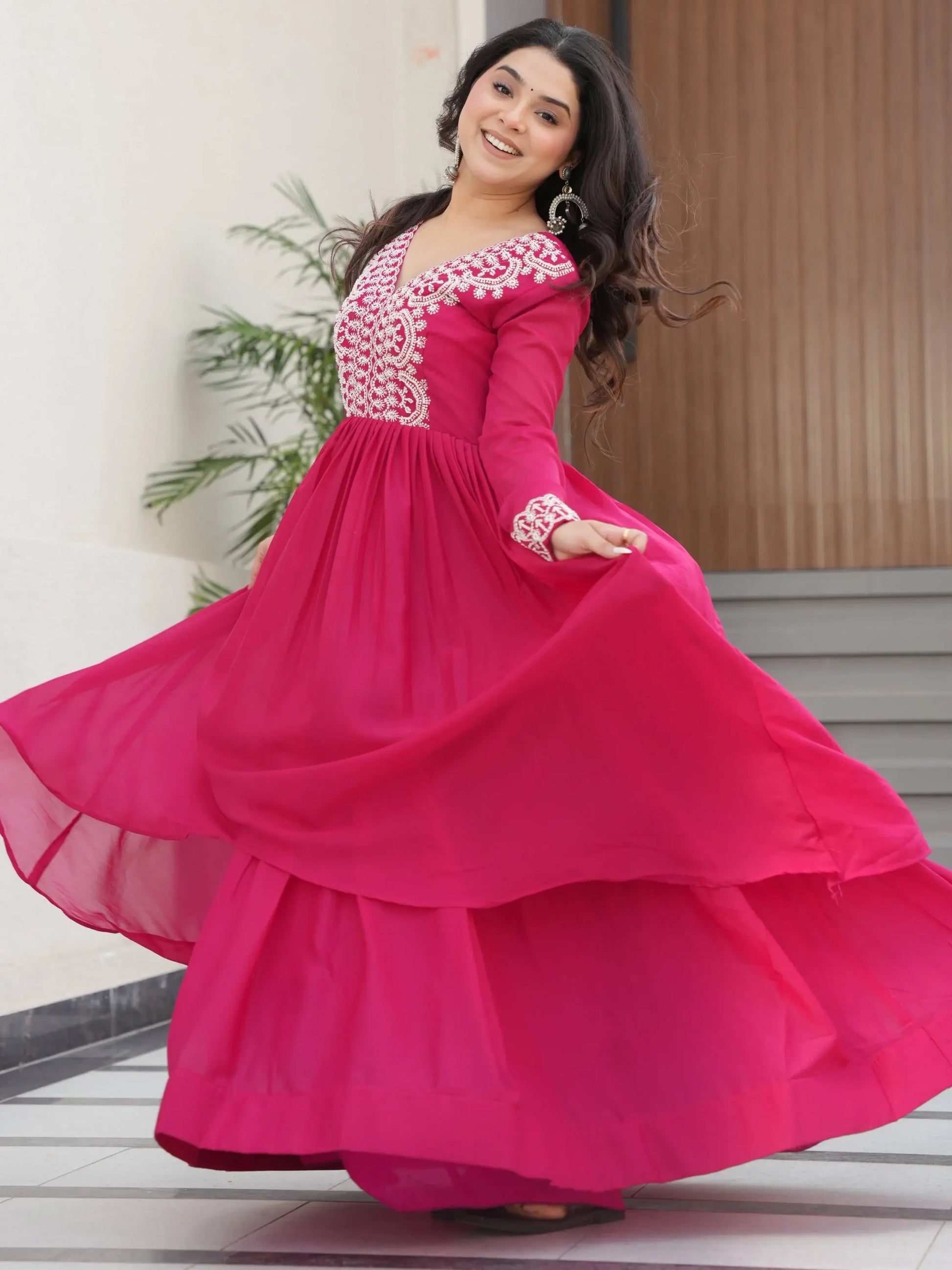 Aesthetic Hot Pink Bead Embroidery Georgette Designer Gown - Zeel Clothing