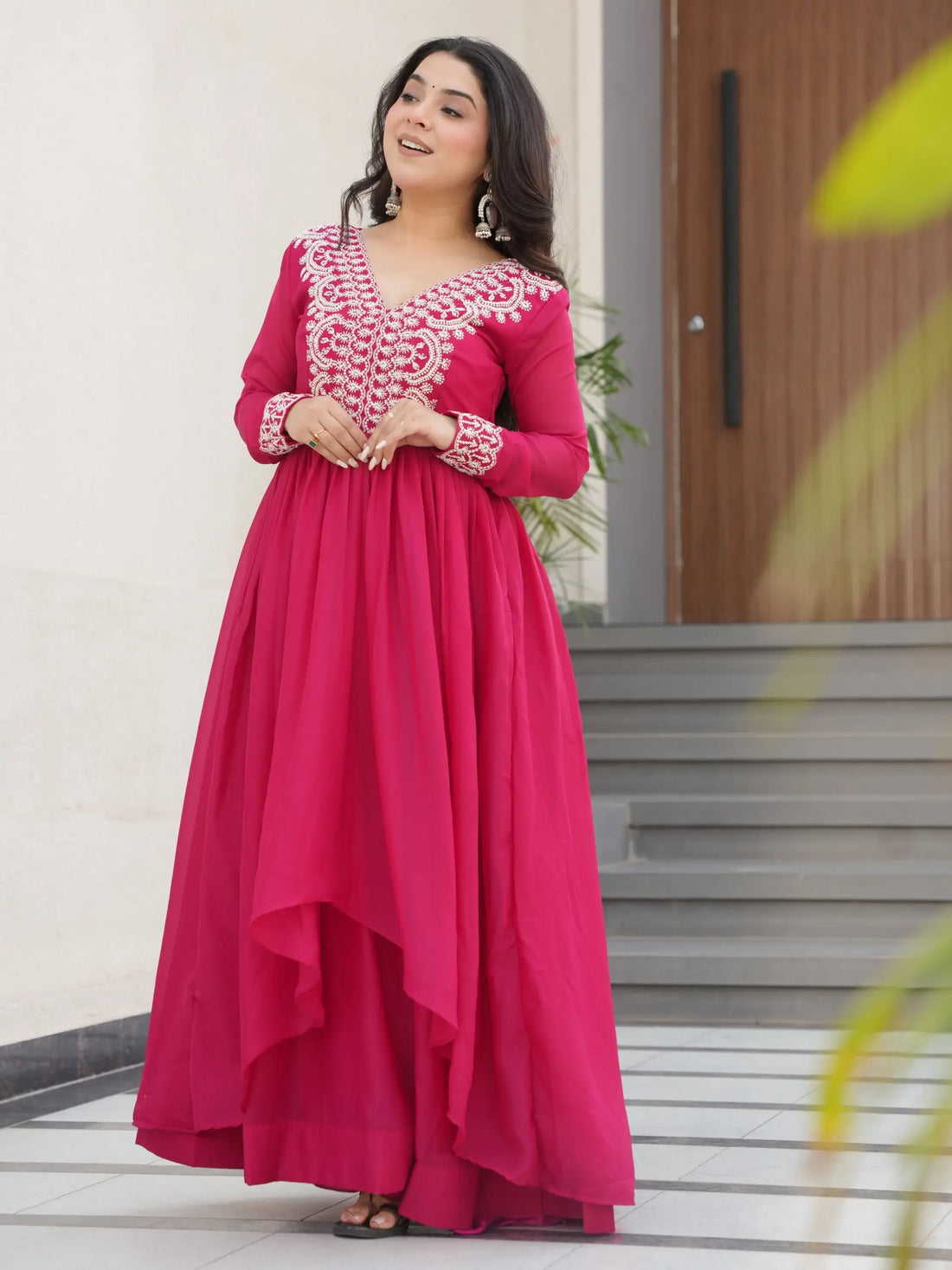Aesthetic Hot Pink Bead Embroidery Georgette Designer Gown - Zeel Clothing
