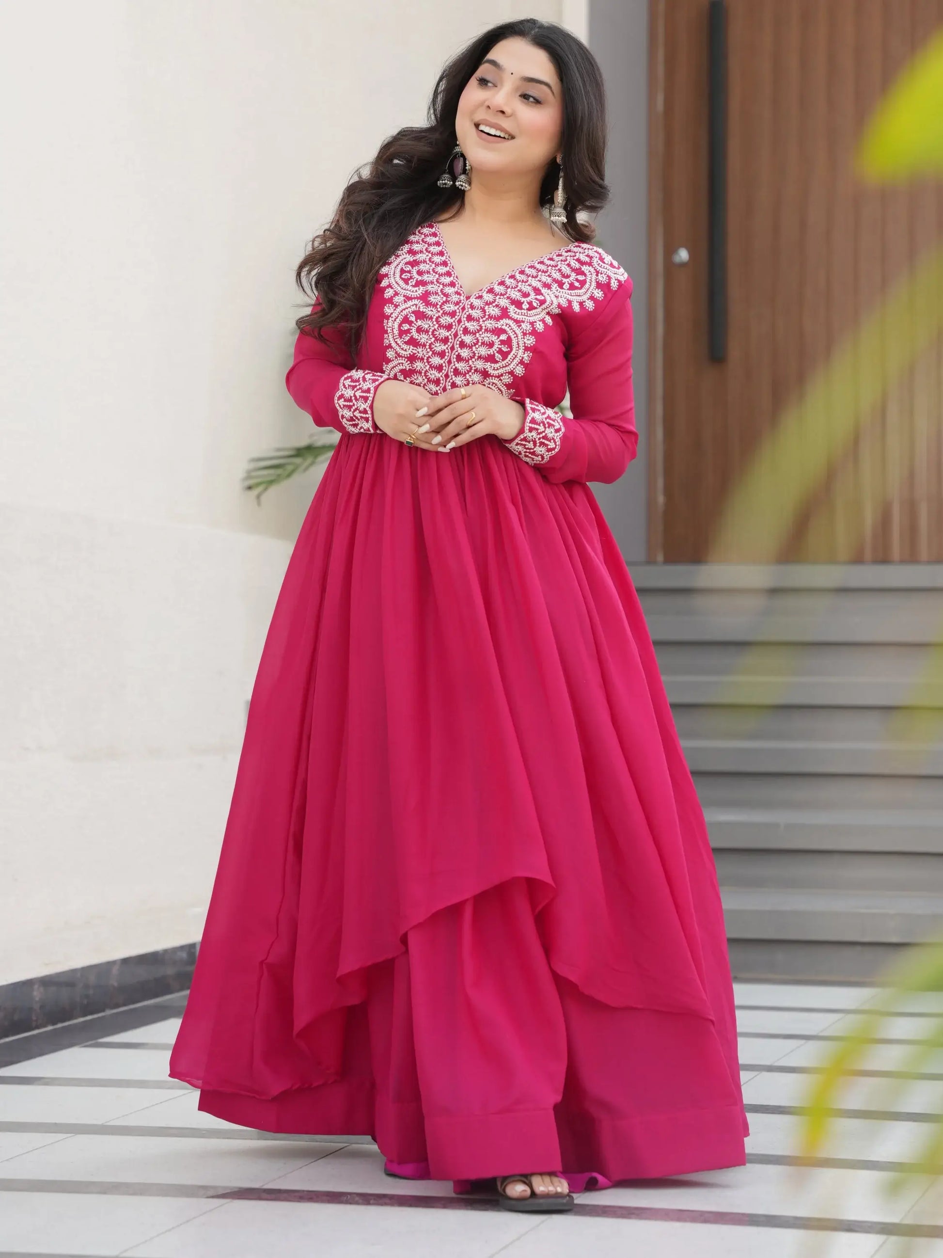 Aesthetic Hot Pink Bead Embroidery Georgette Designer Gown - Zeel Clothing