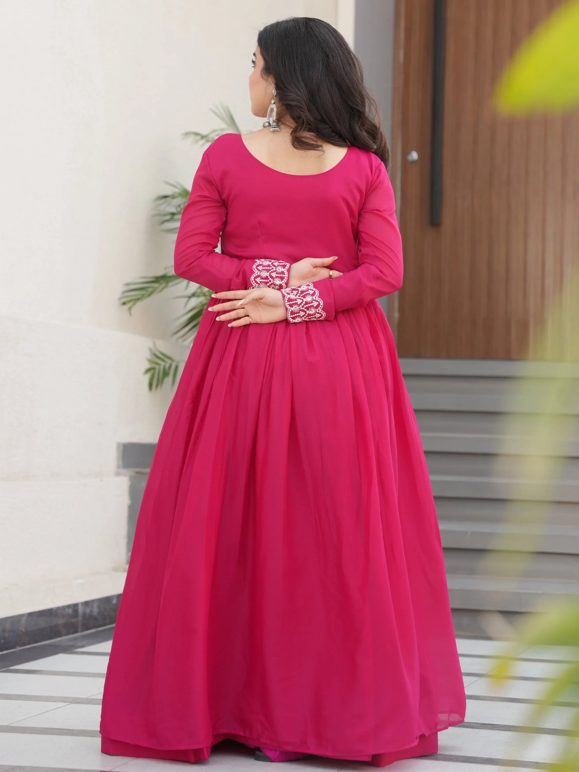 Aesthetic Hot Pink Bead Embroidery Georgette Designer Gown - Zeel Clothing