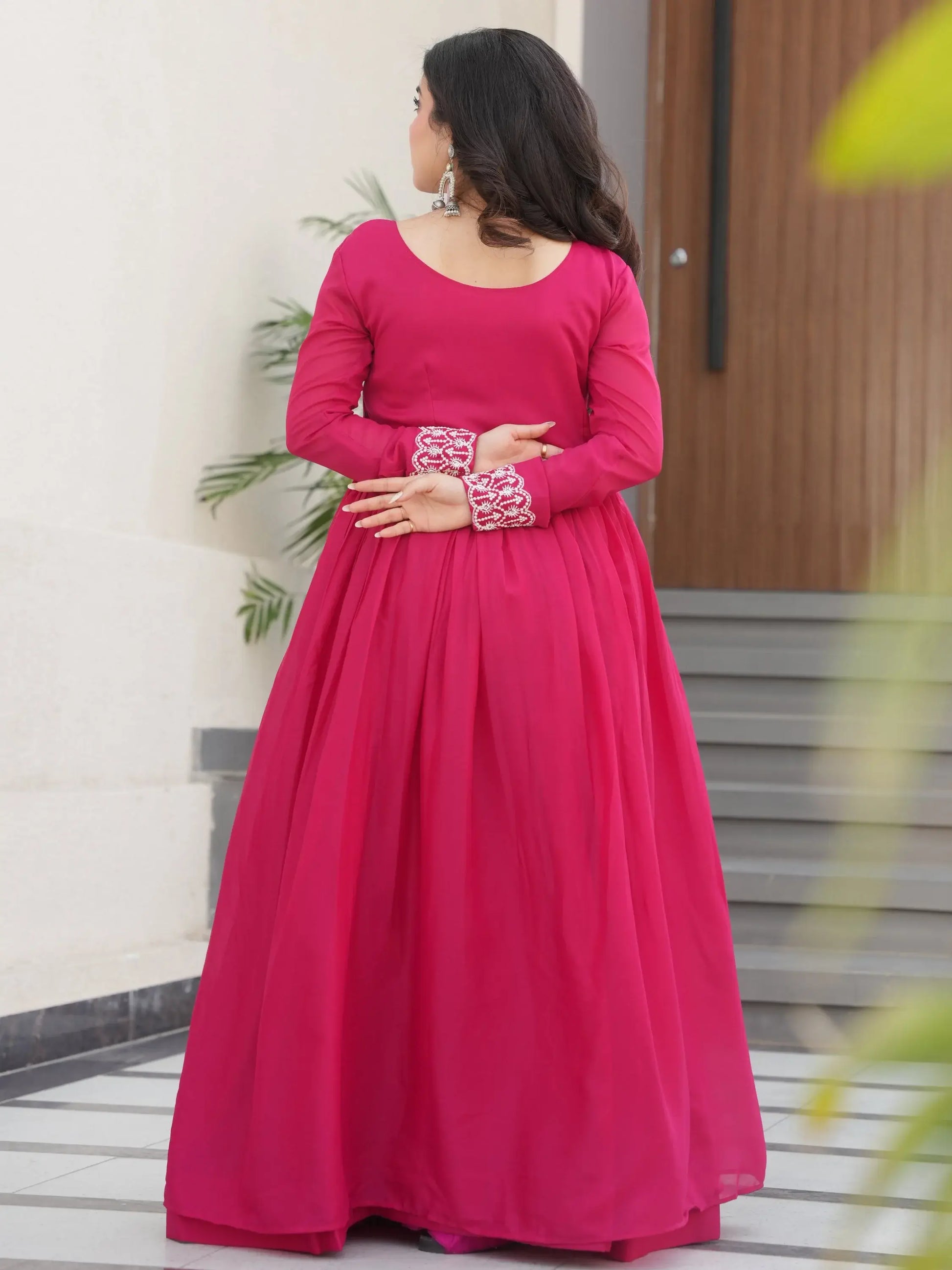 Aesthetic Hot Pink Bead Embroidery Georgette Designer Gown - Zeel Clothing