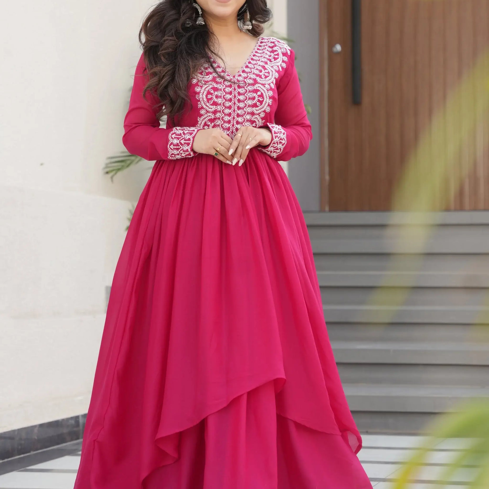 Aesthetic Hot Pink Bead Embroidery Georgette Designer Gown - Zeel Clothing