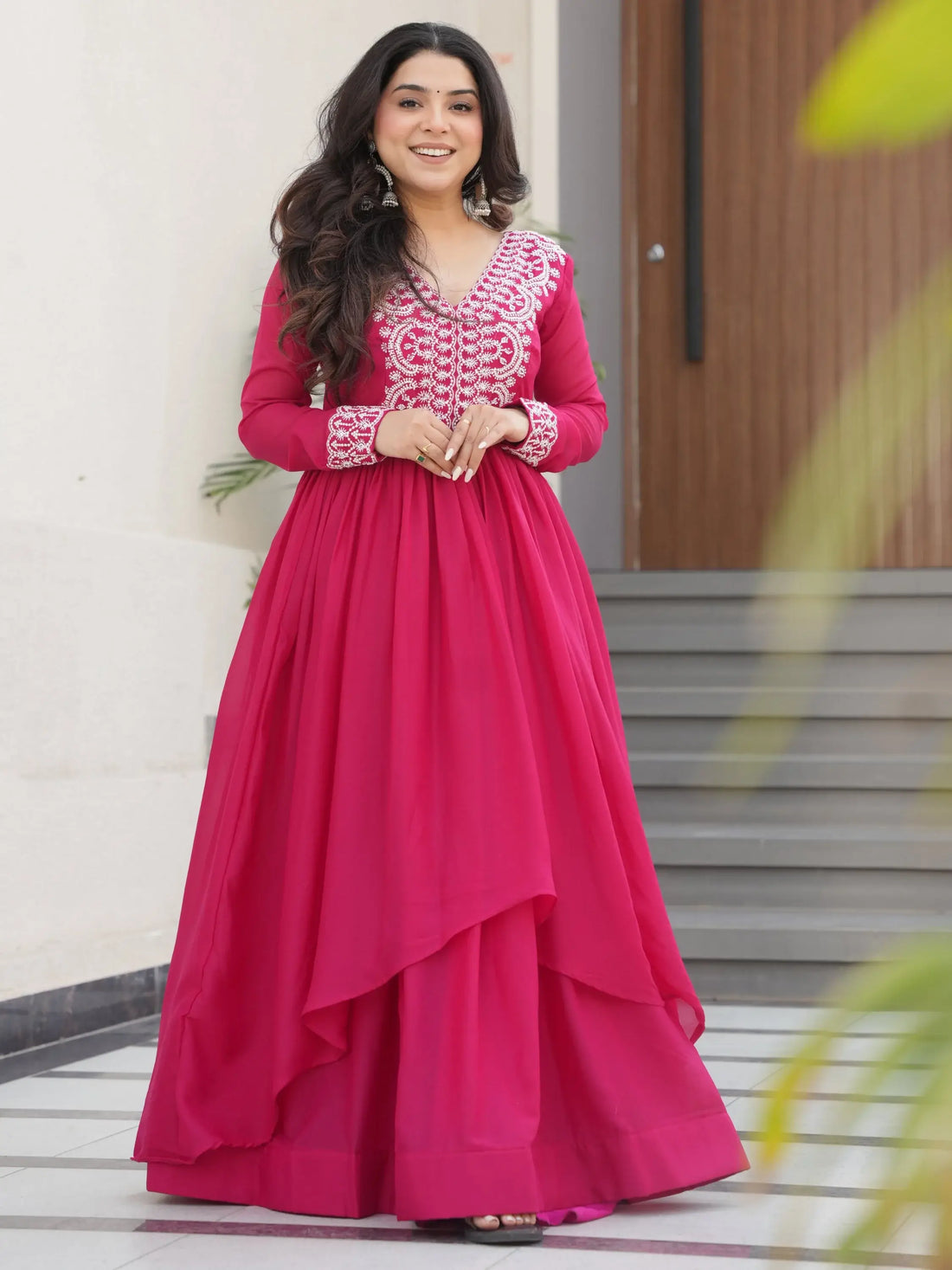 Aesthetic Hot Pink Bead Embroidery Georgette Designer Gown - Zeel Clothing