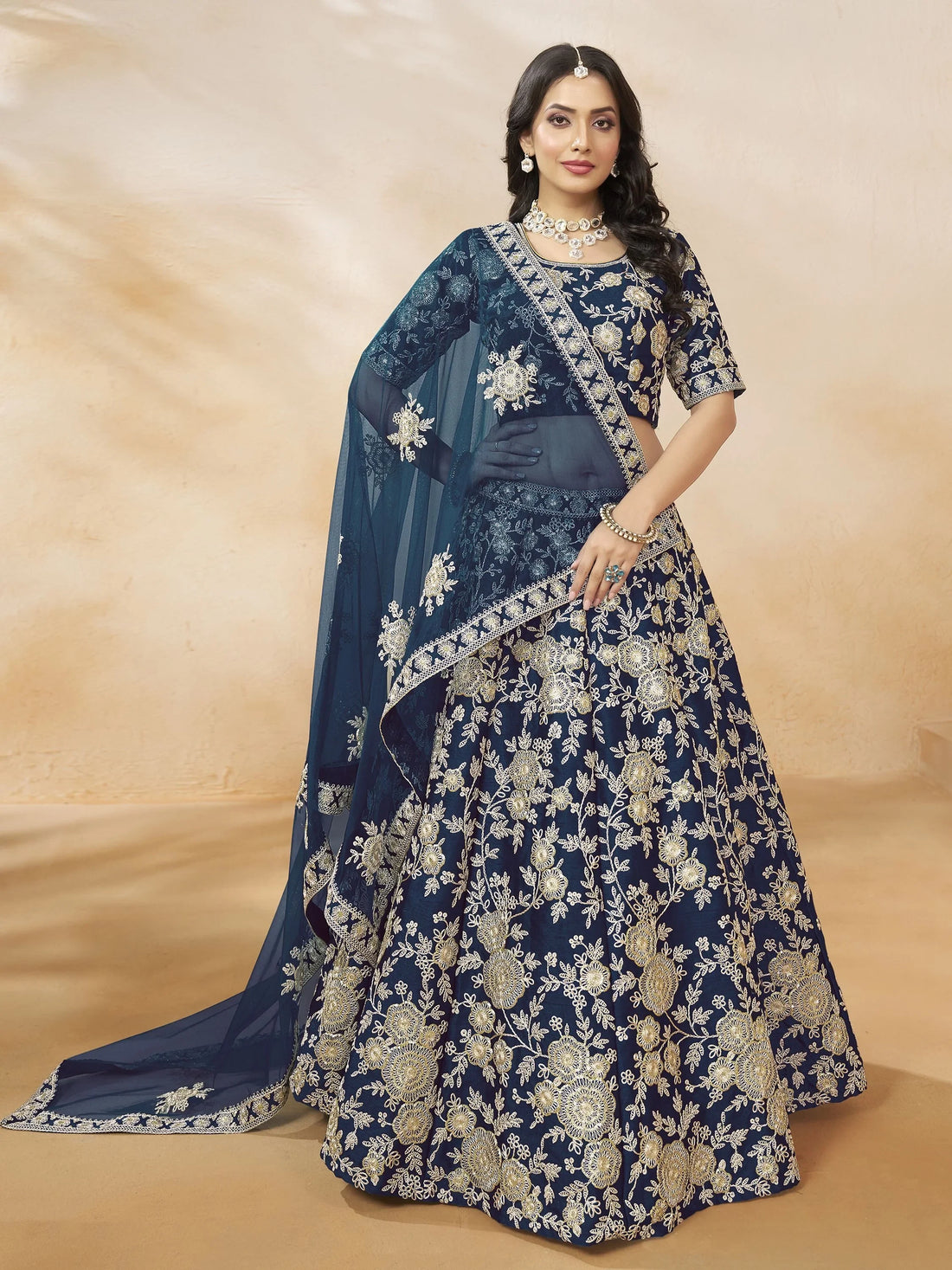 Aesthetic Navy Blue Dori Embroidered Silk Lehenga Choli With Dupatta - Zeel Clothing