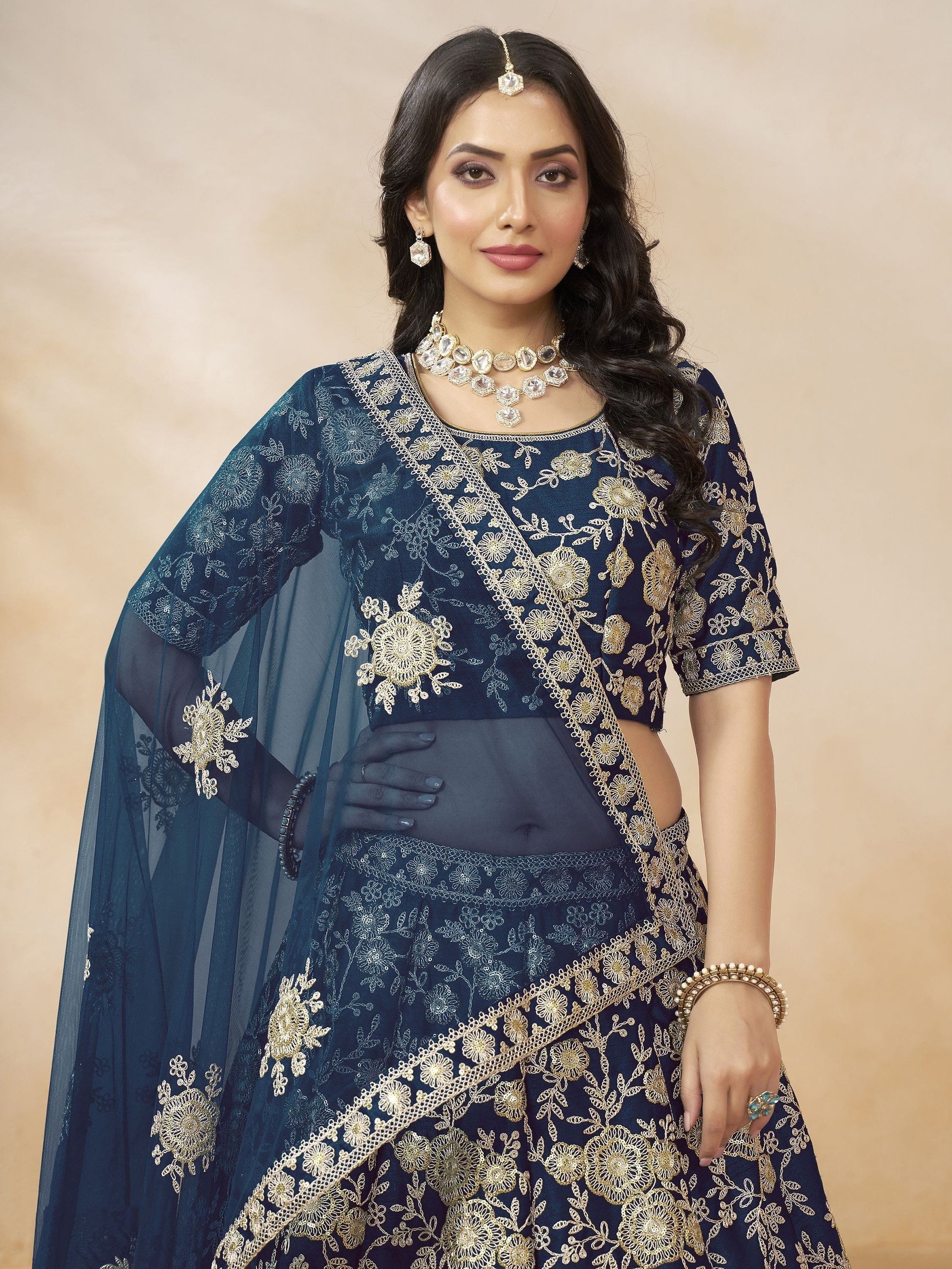 Aesthetic Navy Blue Dori Embroidered Silk Lehenga Choli With Dupatta - Zeel Clothing