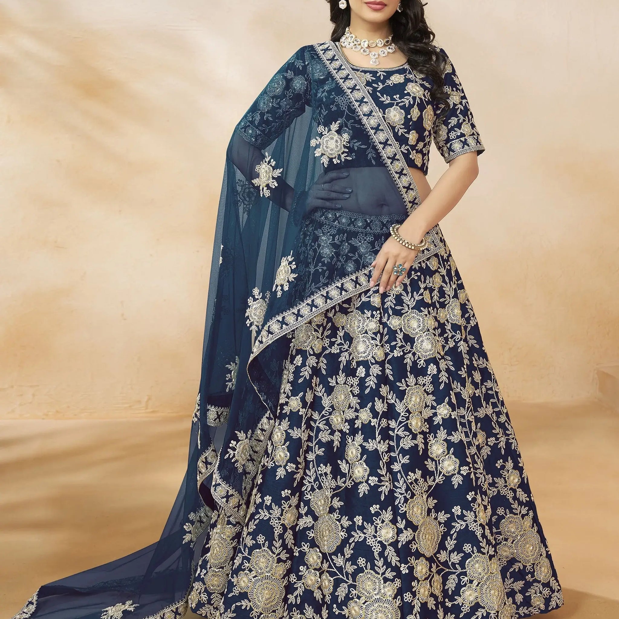 Aesthetic Navy Blue Dori Embroidered Silk Lehenga Choli With Dupatta - Zeel Clothing