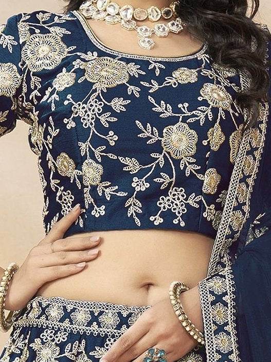 Aesthetic Navy Blue Dori Embroidered Silk Lehenga Choli With Dupatta - Zeel Clothing