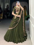 Aesthetic Olive Green Georgette Lehenga With Thread Embroidery Blouse - Zeel Clothing