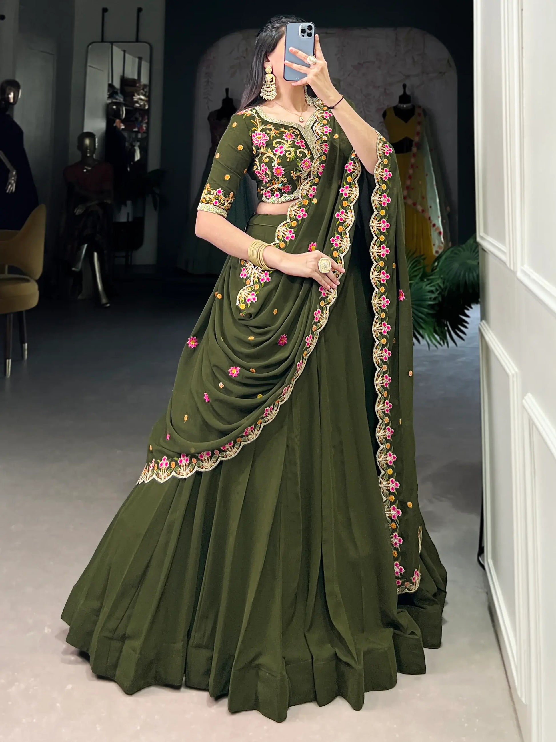 Aesthetic Olive Green Georgette Lehenga With Thread Embroidery Blouse - Zeel Clothing