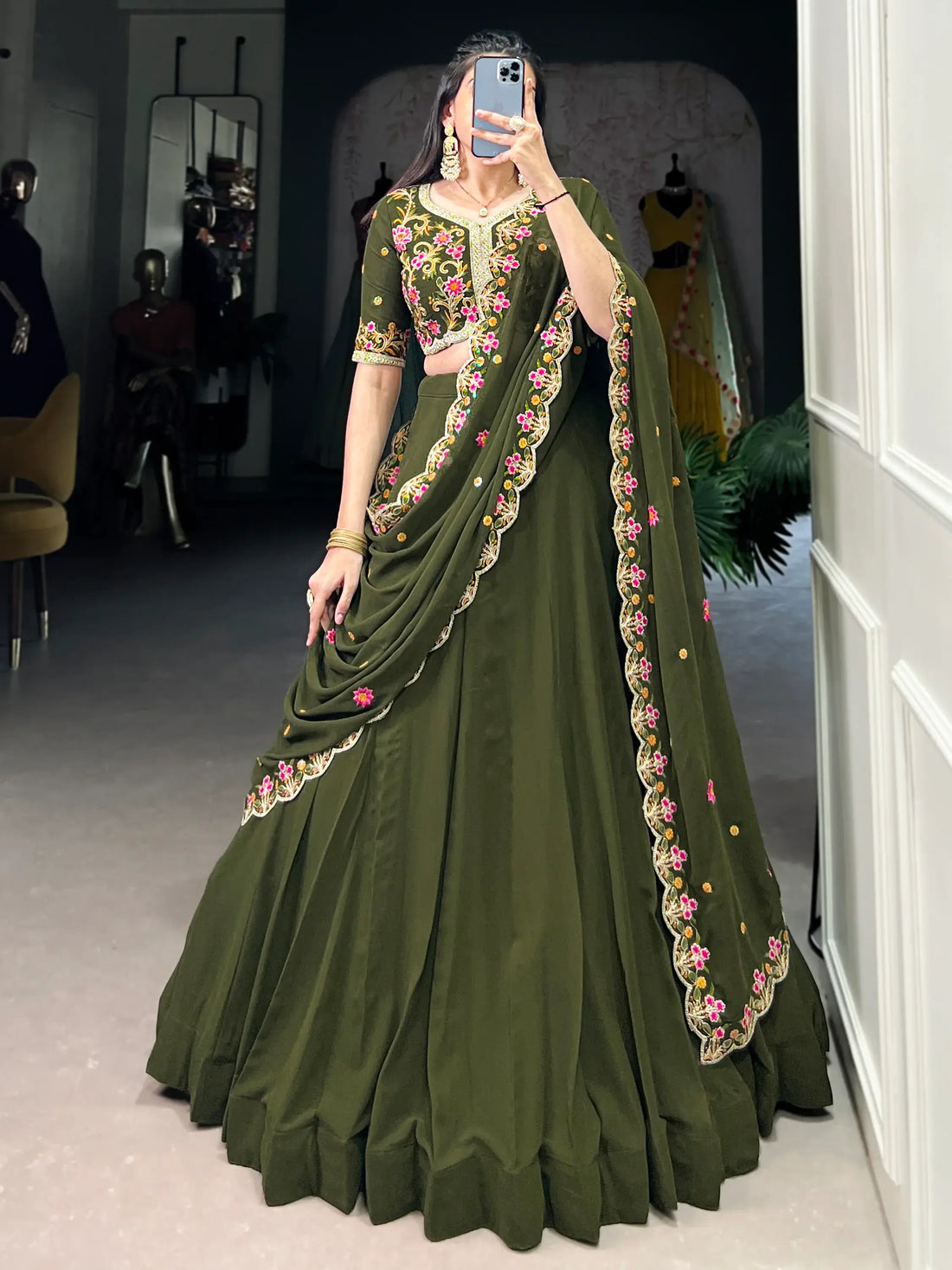 Aesthetic Olive Green Georgette Lehenga With Thread Embroidery Blouse - Zeel Clothing