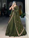 Aesthetic Olive Green Georgette Lehenga With Thread Embroidery Blouse - Zeel Clothing