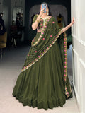Aesthetic Olive Green Georgette Lehenga With Thread Embroidery Blouse - Zeel Clothing