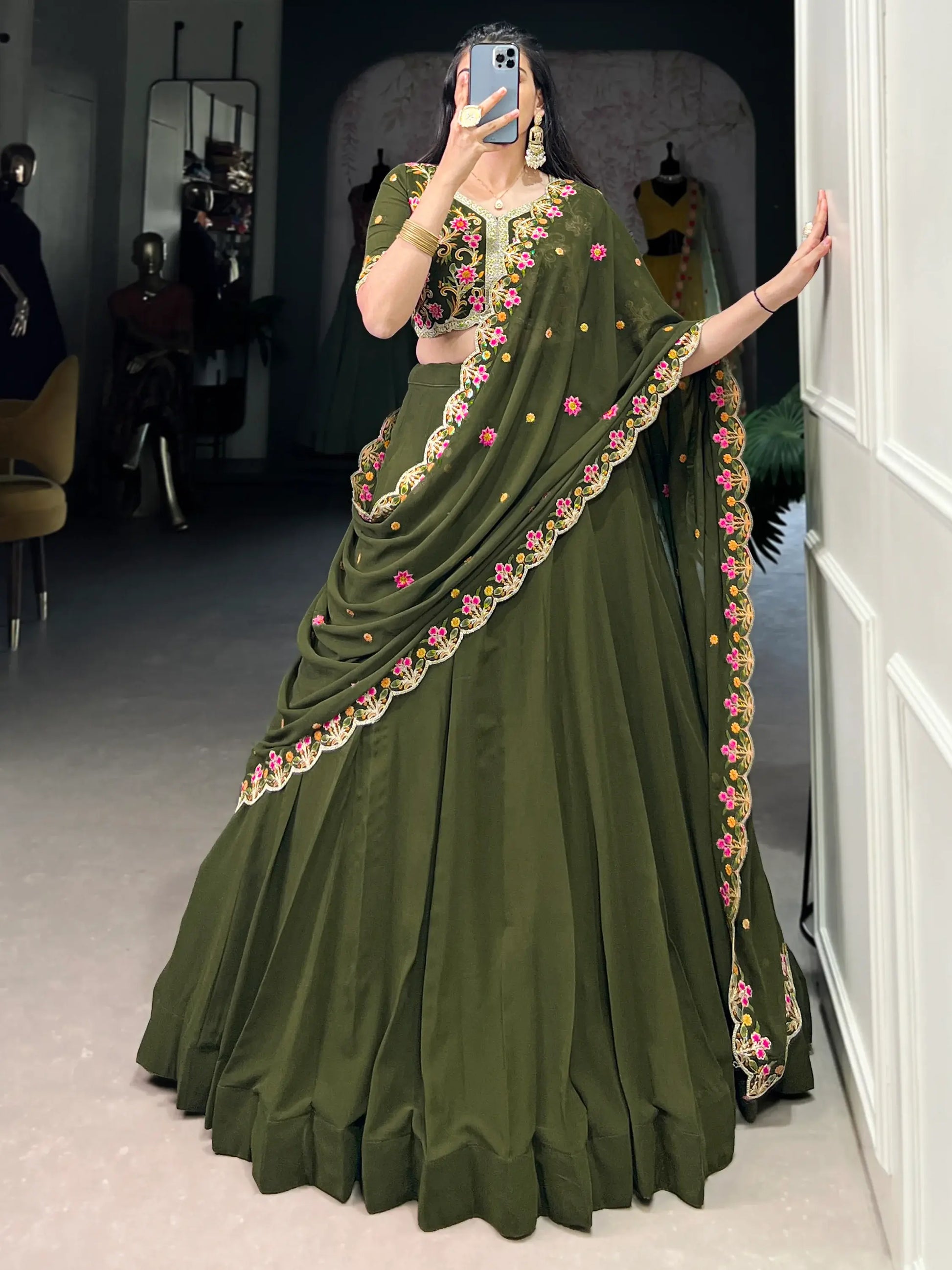 Aesthetic Olive Green Georgette Lehenga With Thread Embroidery Blouse - Zeel Clothing