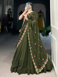 Aesthetic Olive Green Georgette Lehenga With Thread Embroidery Blouse - Zeel Clothing