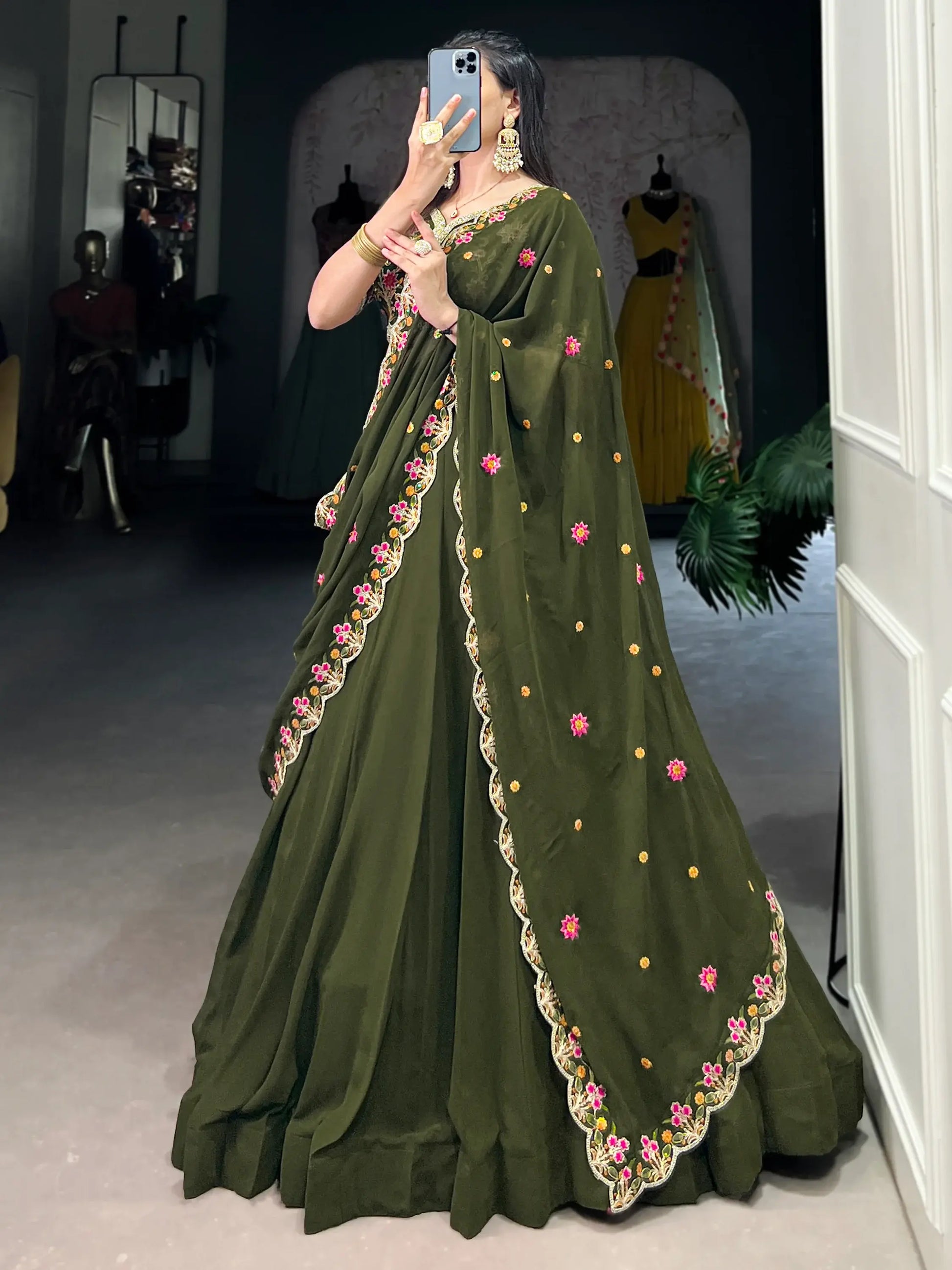 Aesthetic Olive Green Georgette Lehenga With Thread Embroidery Blouse - Zeel Clothing