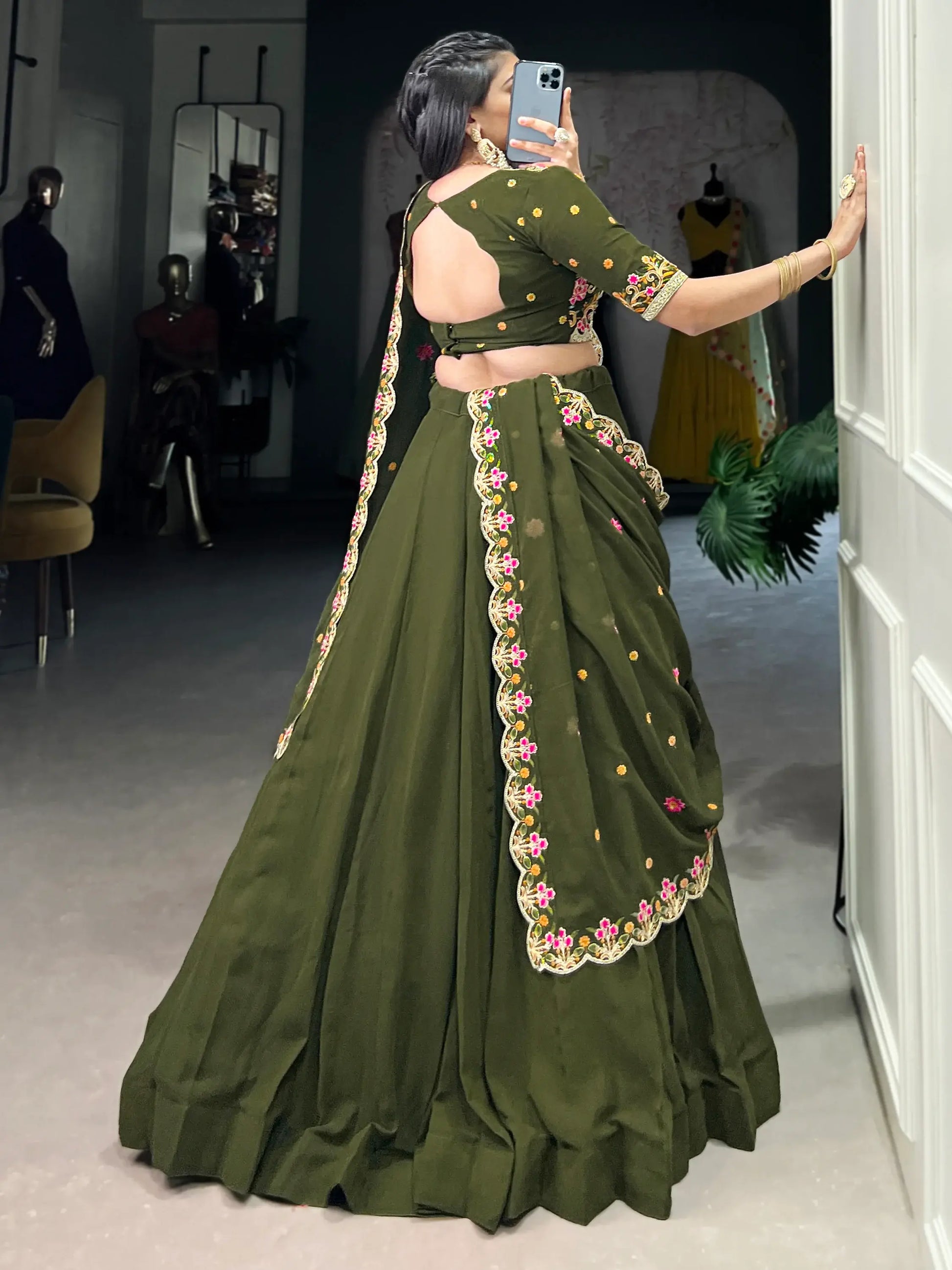 Aesthetic Olive Green Georgette Lehenga With Thread Embroidery Blouse - Zeel Clothing