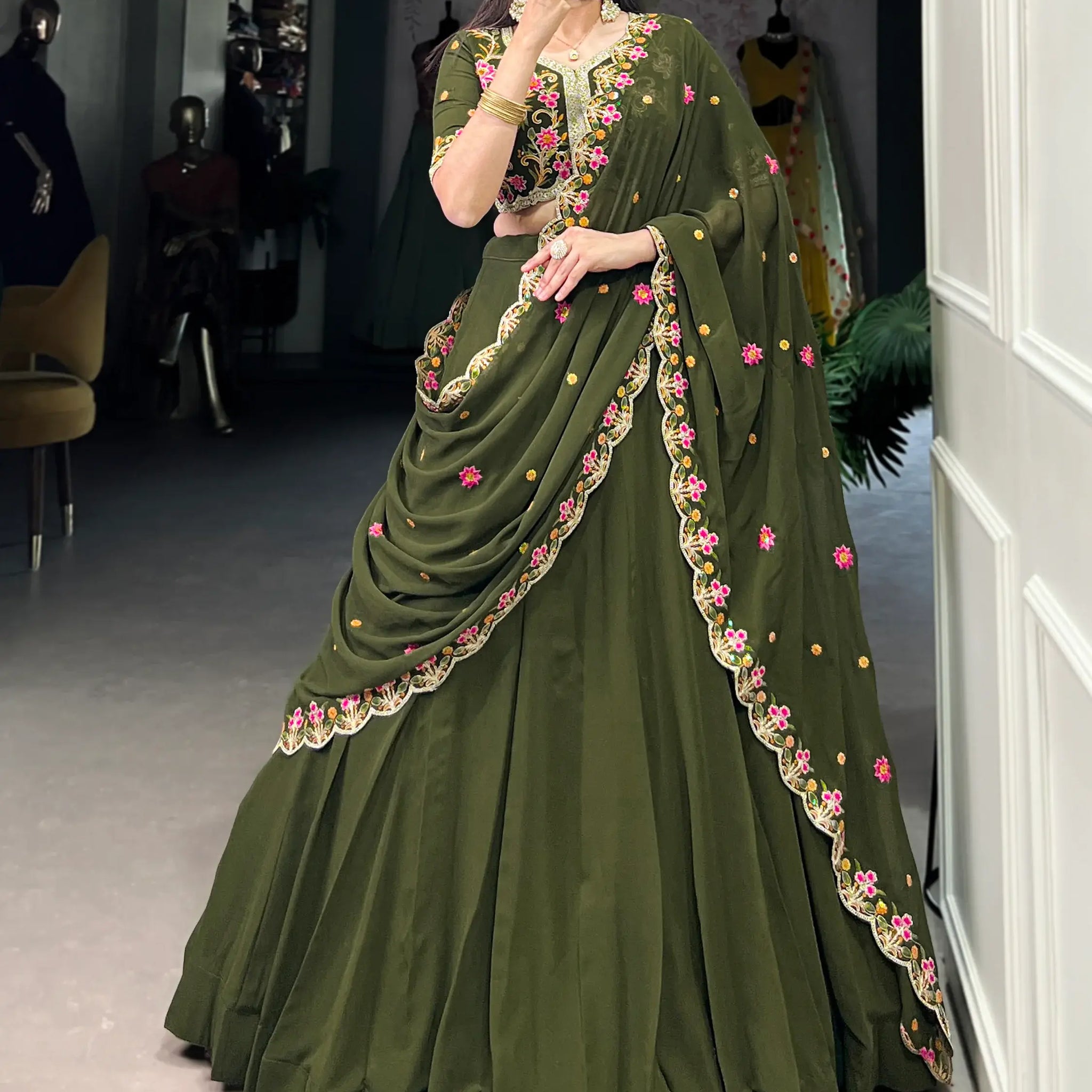 Aesthetic Olive Green Georgette Lehenga With Thread Embroidery Blouse - Zeel Clothing