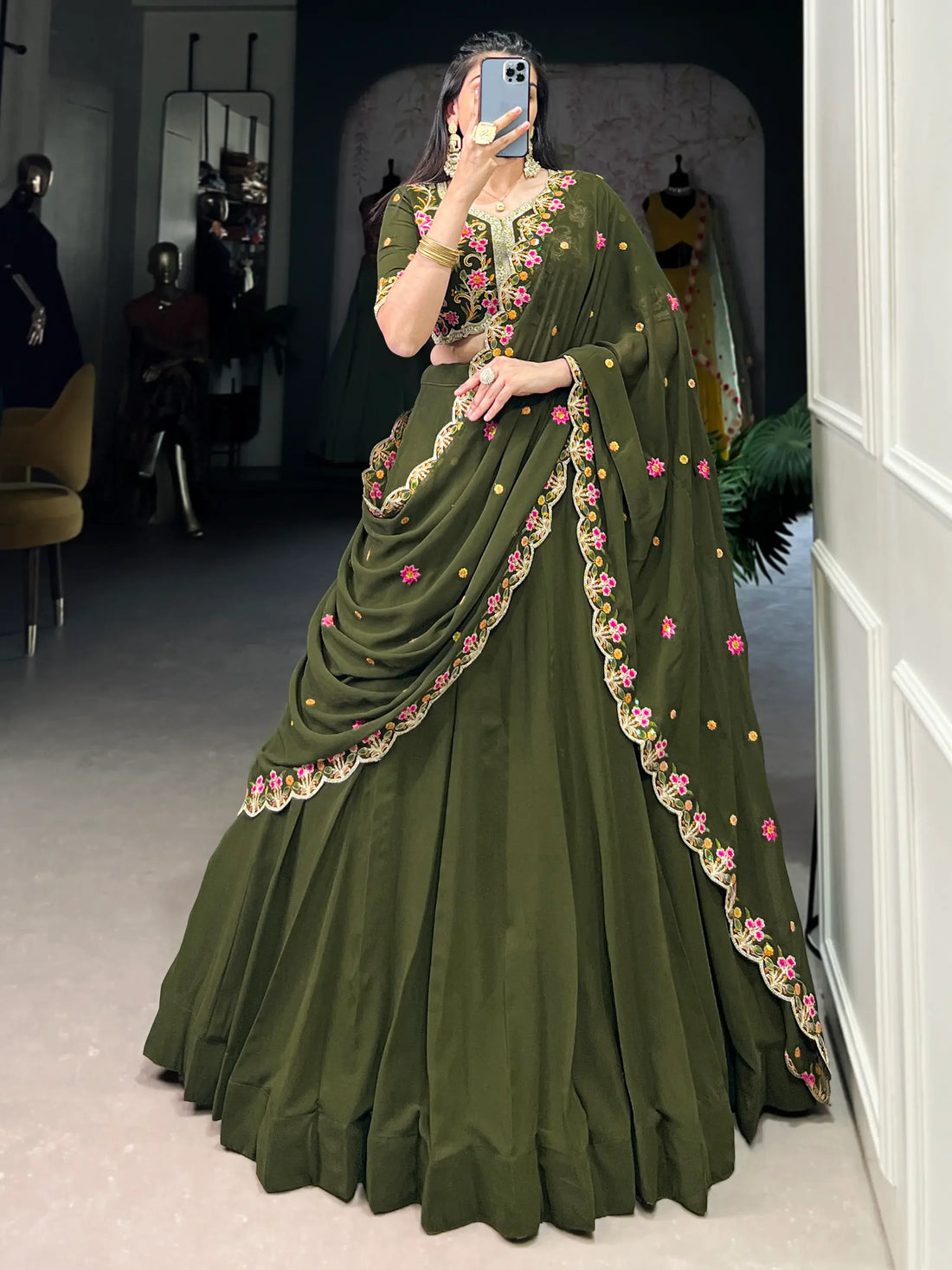 Aesthetic Olive Green Georgette Lehenga With Thread Embroidery Blouse - Zeel Clothing