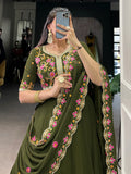 Aesthetic Olive Green Georgette Lehenga With Thread Embroidery Blouse - Zeel Clothing