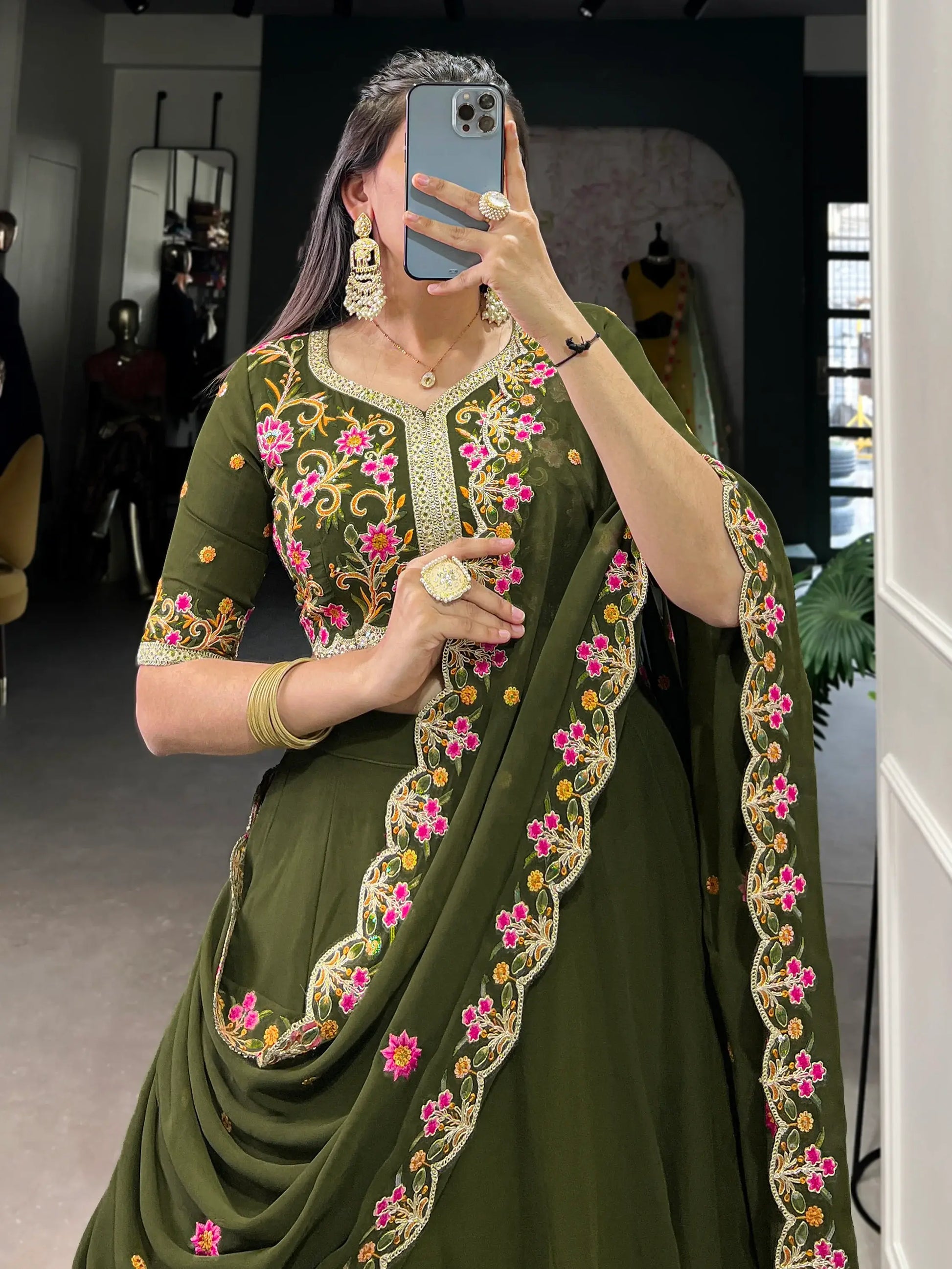 Aesthetic Olive Green Georgette Lehenga With Thread Embroidery Blouse - Zeel Clothing