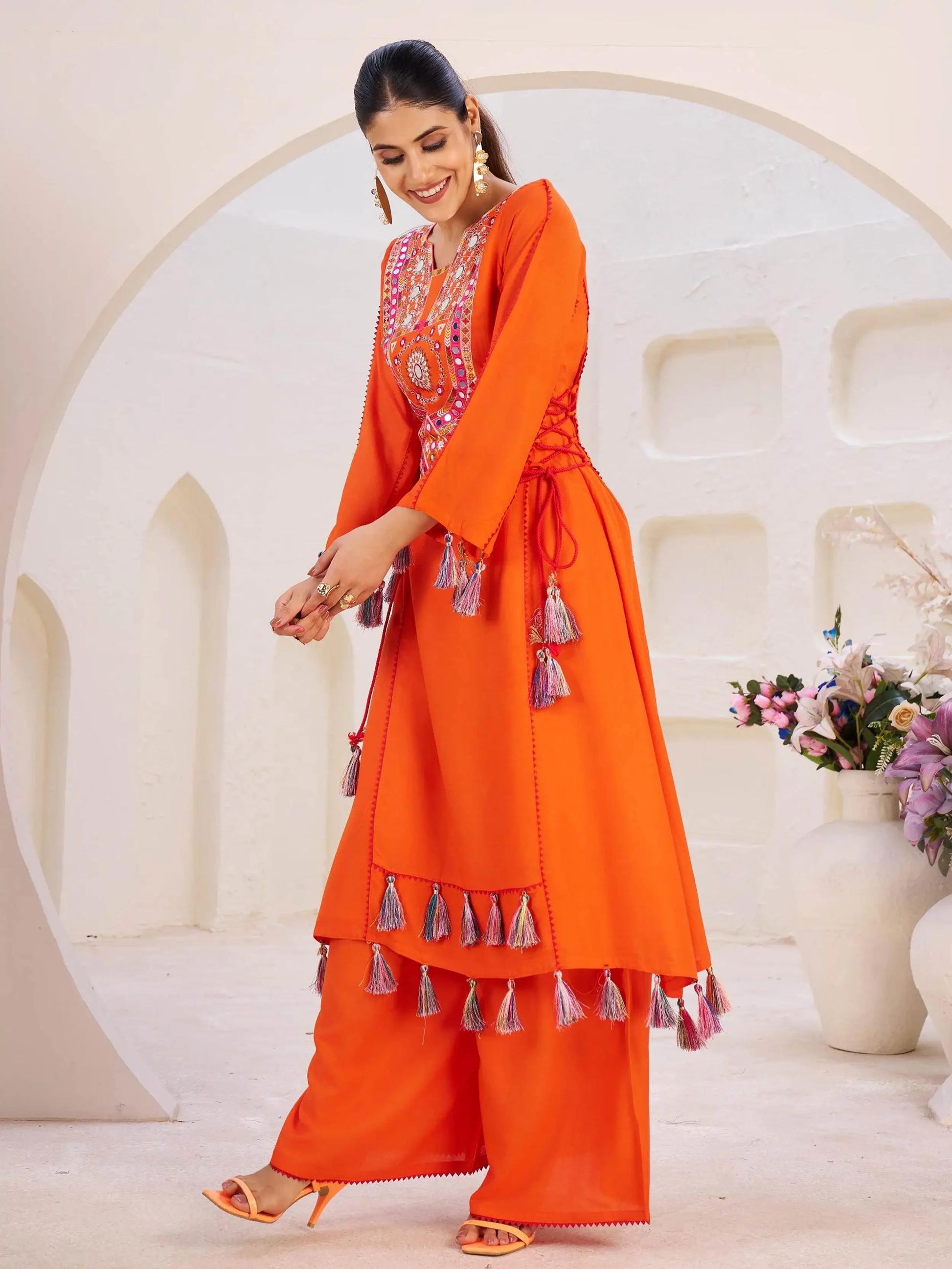 Aesthetic Orange Thread Embroidered Rayon Designer Co-Ord Set - Zeel Clothing