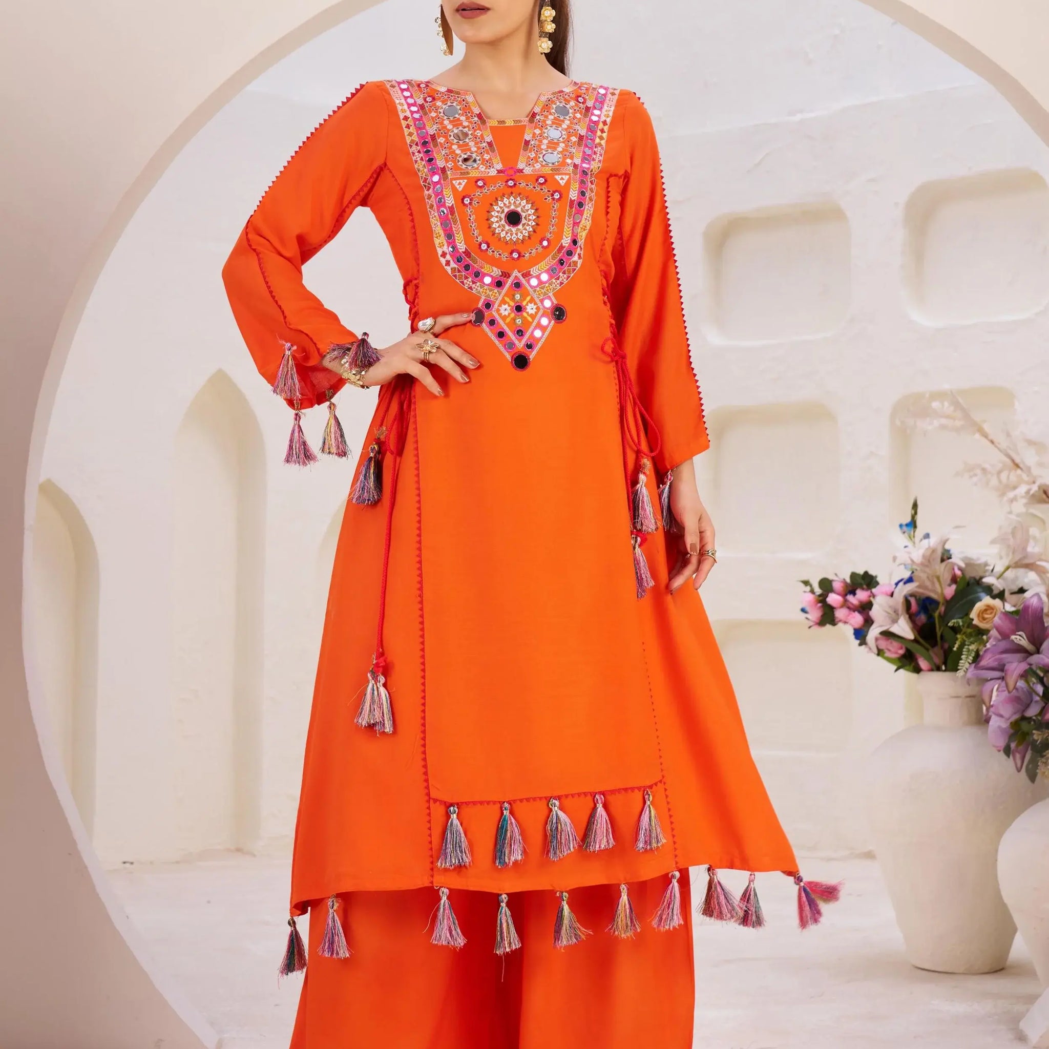 Aesthetic Orange Thread Embroidered Rayon Designer Co-Ord Set - Zeel Clothing