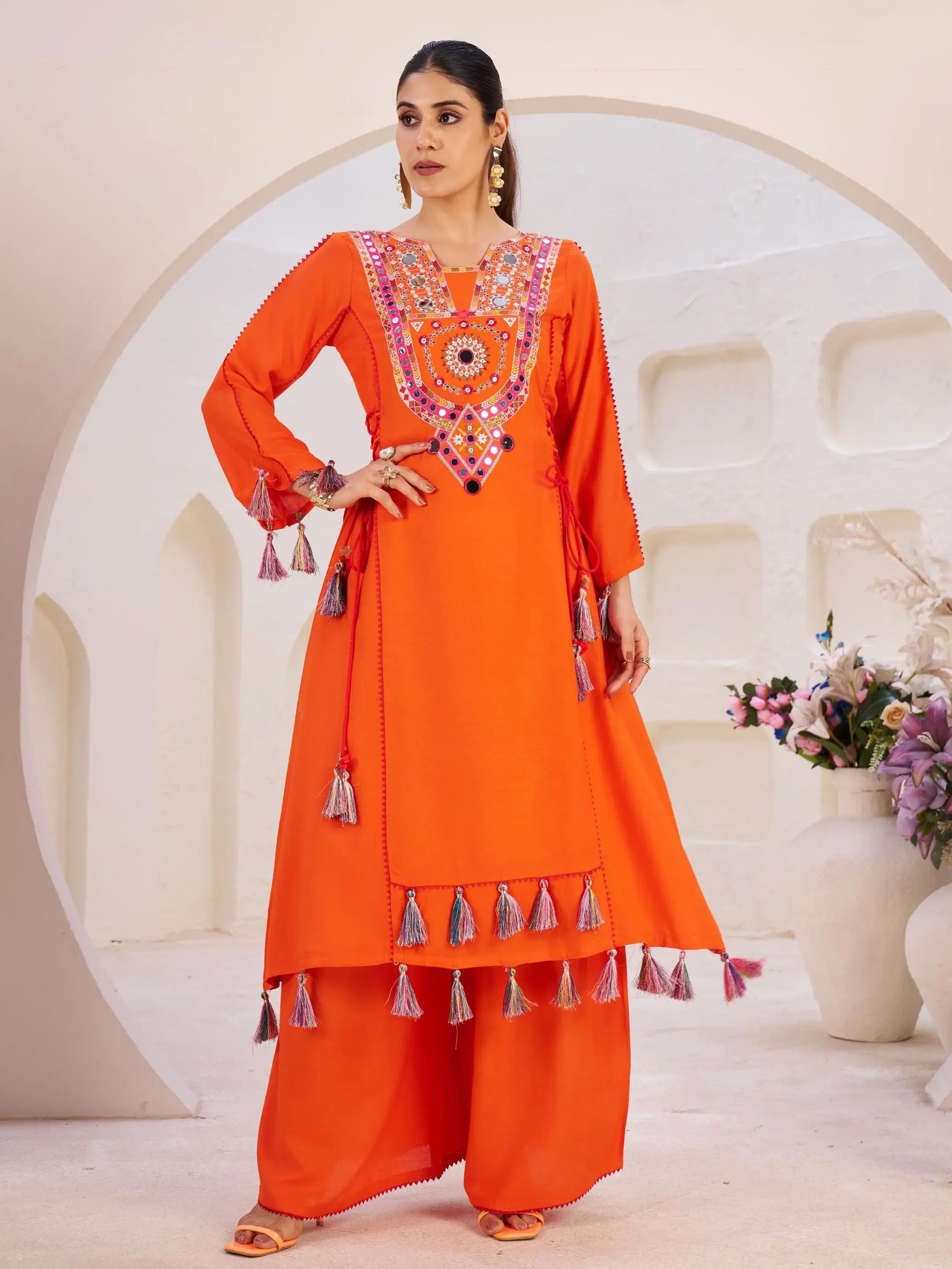 Aesthetic Orange Thread Embroidered Rayon Designer Co-Ord Set - Zeel Clothing