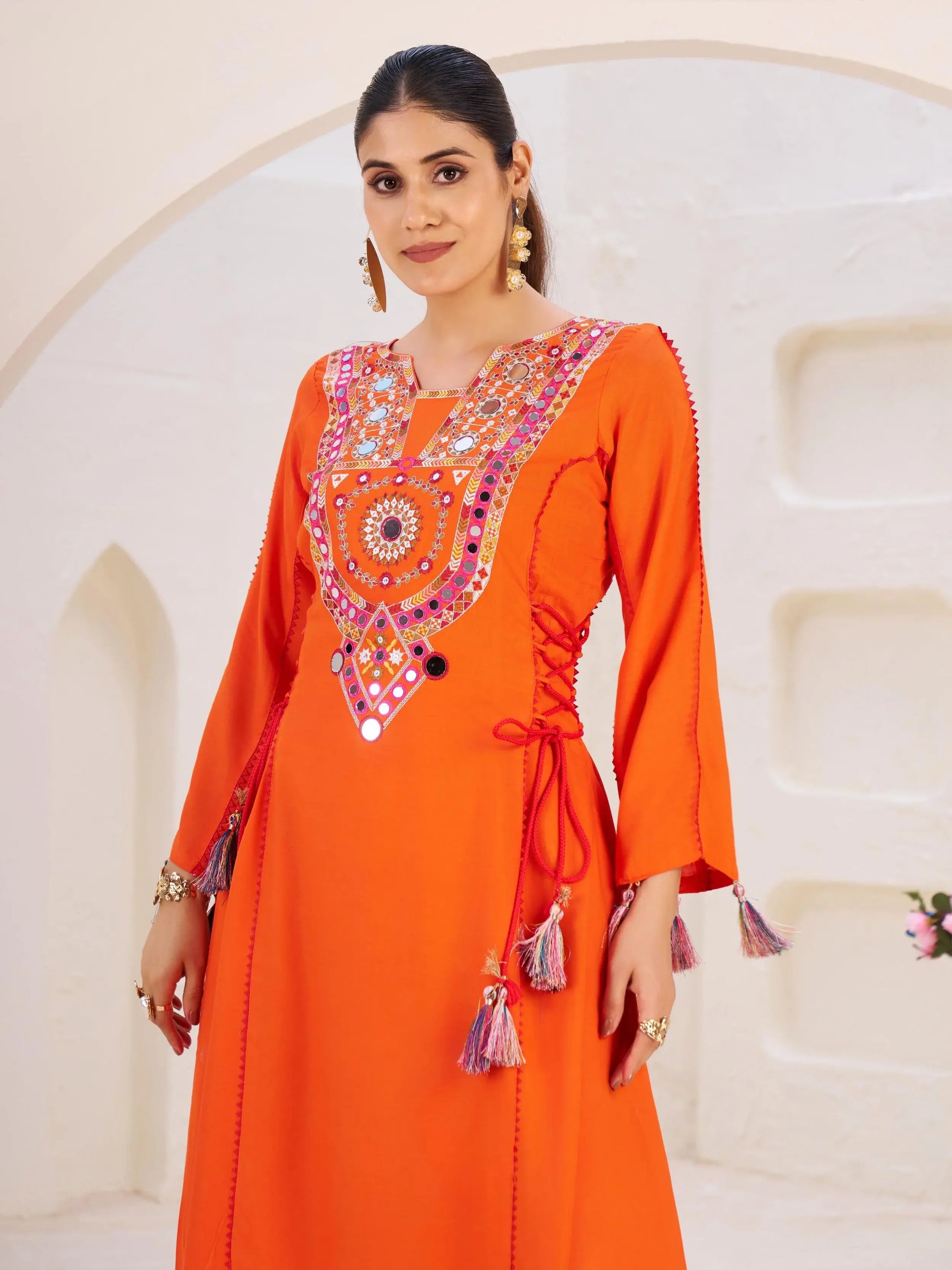 Aesthetic Orange Thread Embroidered Rayon Designer Co-Ord Set - Zeel Clothing